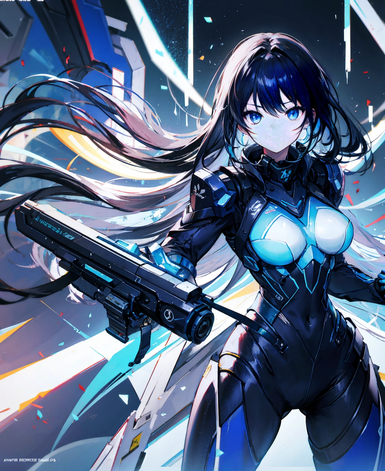 no background，girl，carry a firearm，Enamel-like tight suit，use of firearms，dark blue long hair，attention arousal，blue colored eyes,no gradation