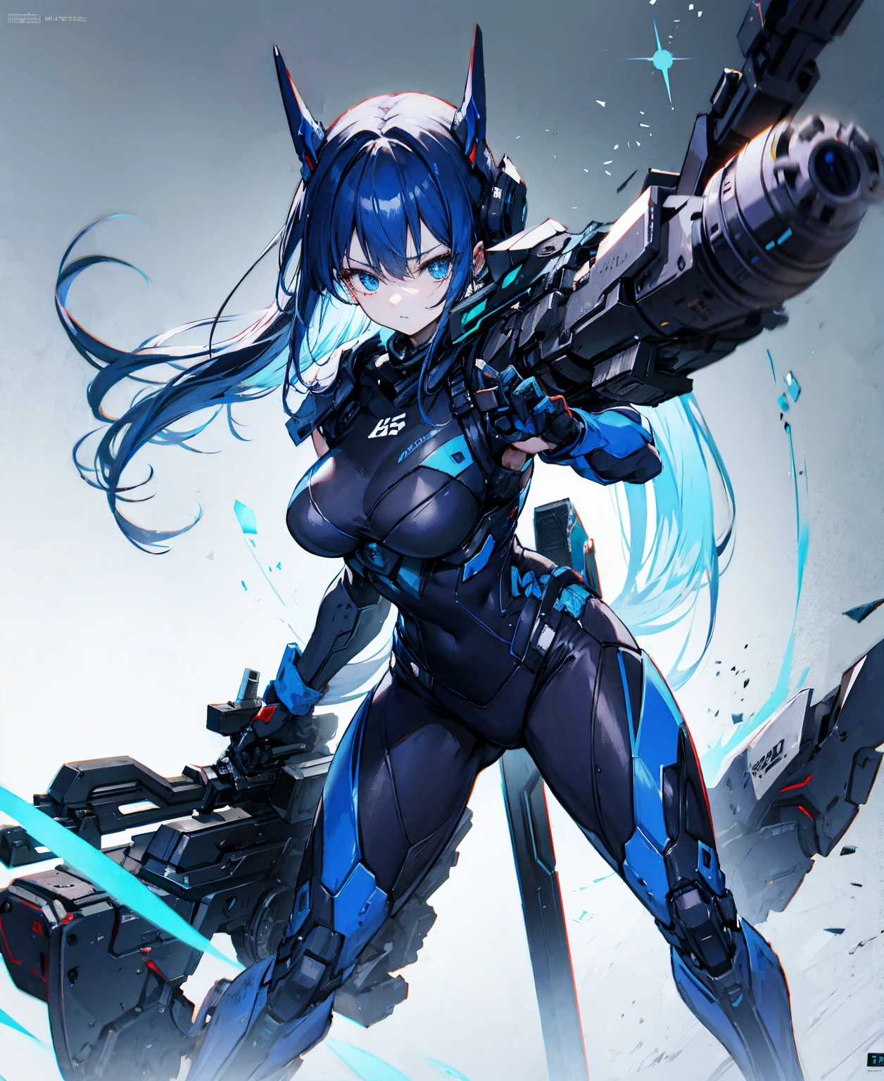 no background,girl,carry a firearm,Enamel-like tight suit,use of firearms,dark blue long hair,attention arousal,blue colored eyes,no gradation