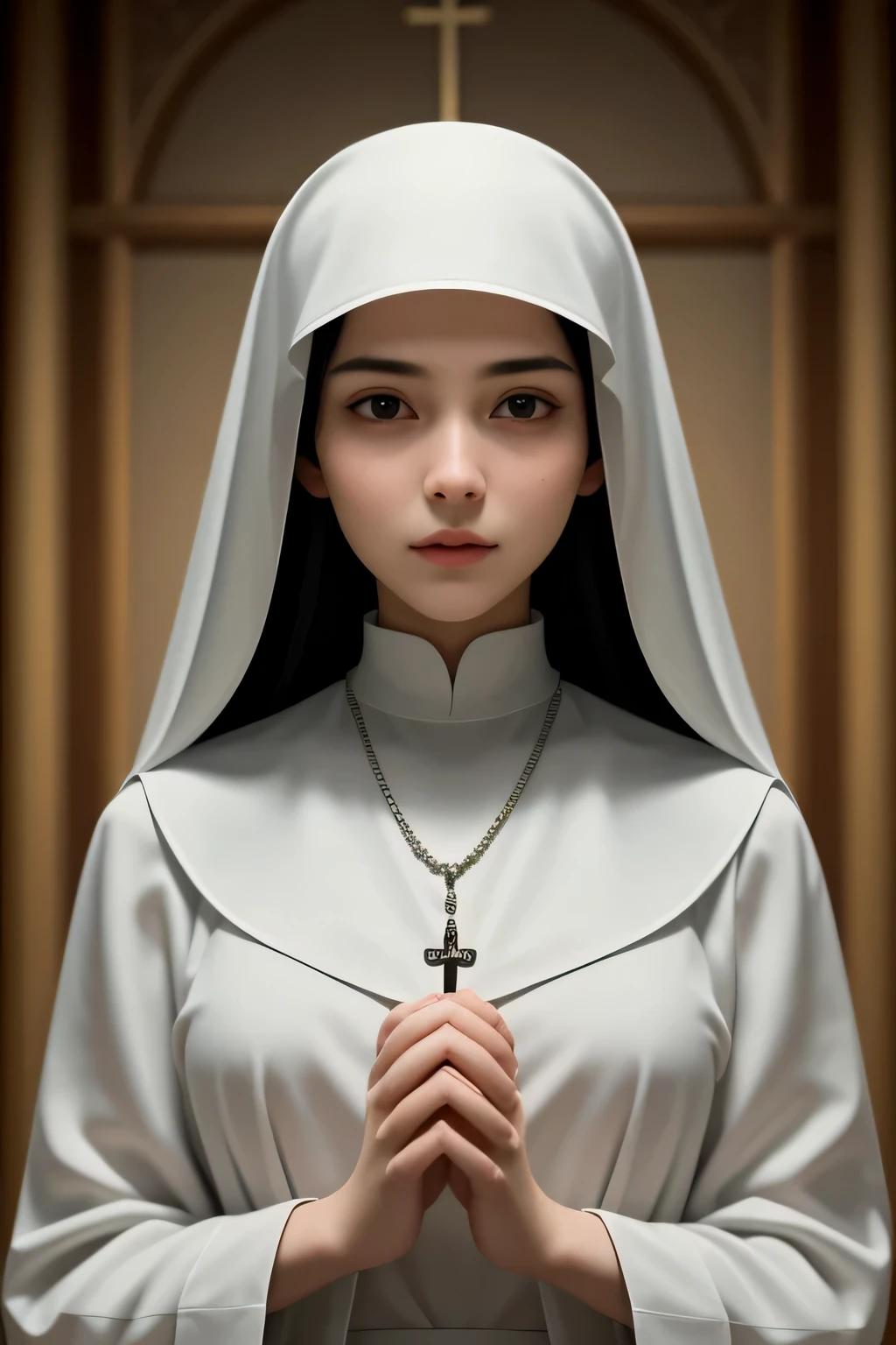 (Masterpiece, Young Nun), (High Quality, Spiritual Figure), (Female Character, Religious Icon), (Detailed Attire, Habit), (Nun's Veil, Covered Head), (Bare Neckline, Modest Plunge), (Natural Complexion, Radiant Skin), (Soft Lighting, Holy Sanctuary), (Realistic Texture, Fabric Wrinkles), (Deep Focus, Close-up Portrait), (Young Face, Innocent Expression), (Hands, Holding Rosary Beads), (Gazing into the Distance, Contemplating), (Serene Environment, Monastery), (Bloss