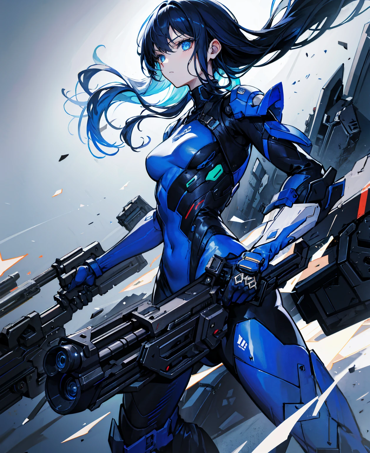 no background，girl，carry a firearm，Enamel-like tight suit，use of firearms，dark blue long hair，attention arousal，blue colored eyes,no gradation