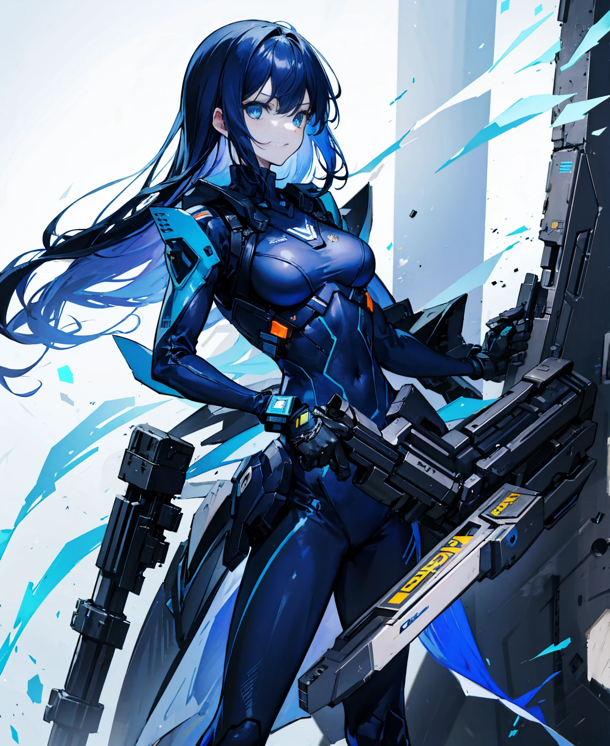 no background,girl,carry a firearm,Enamel-like tight suit,use of firearms,dark blue long hair,attention arousal,blue colored eyes,no gradation