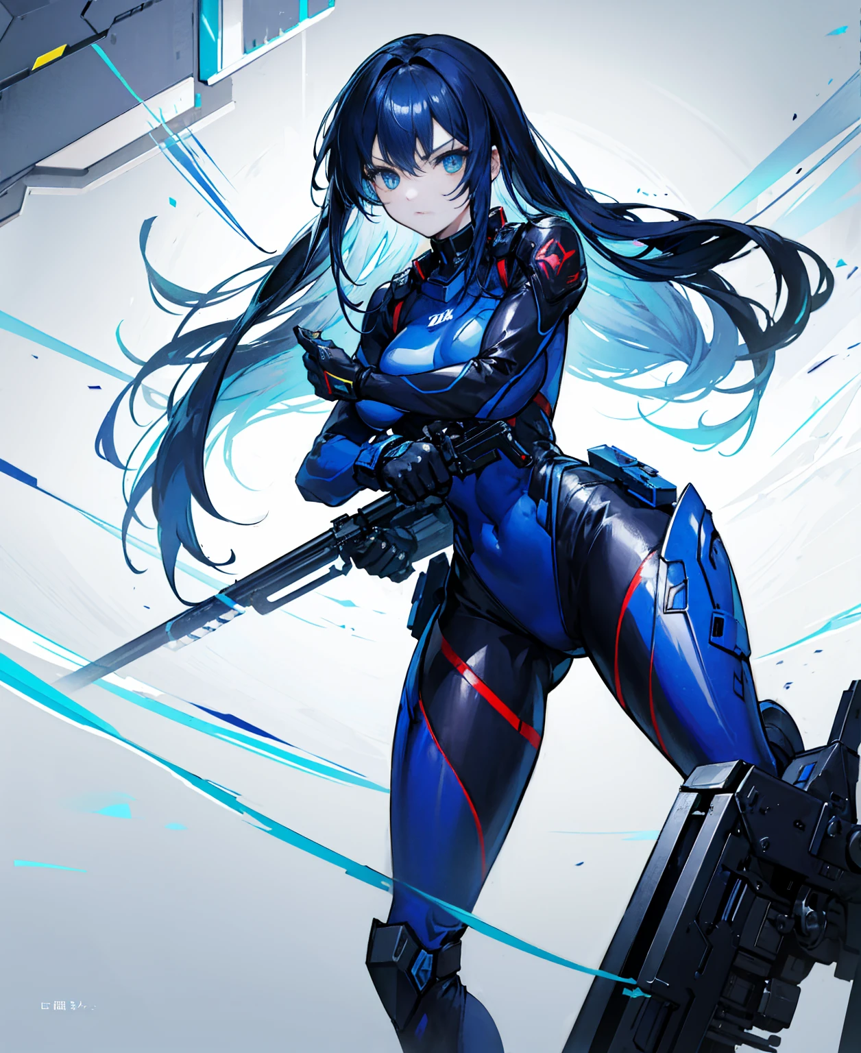 no background，girl，carry a firearm，Enamel-like tight suit，use of firearms，dark blue long hair，attention arousal，blue colored eyes,no gradation