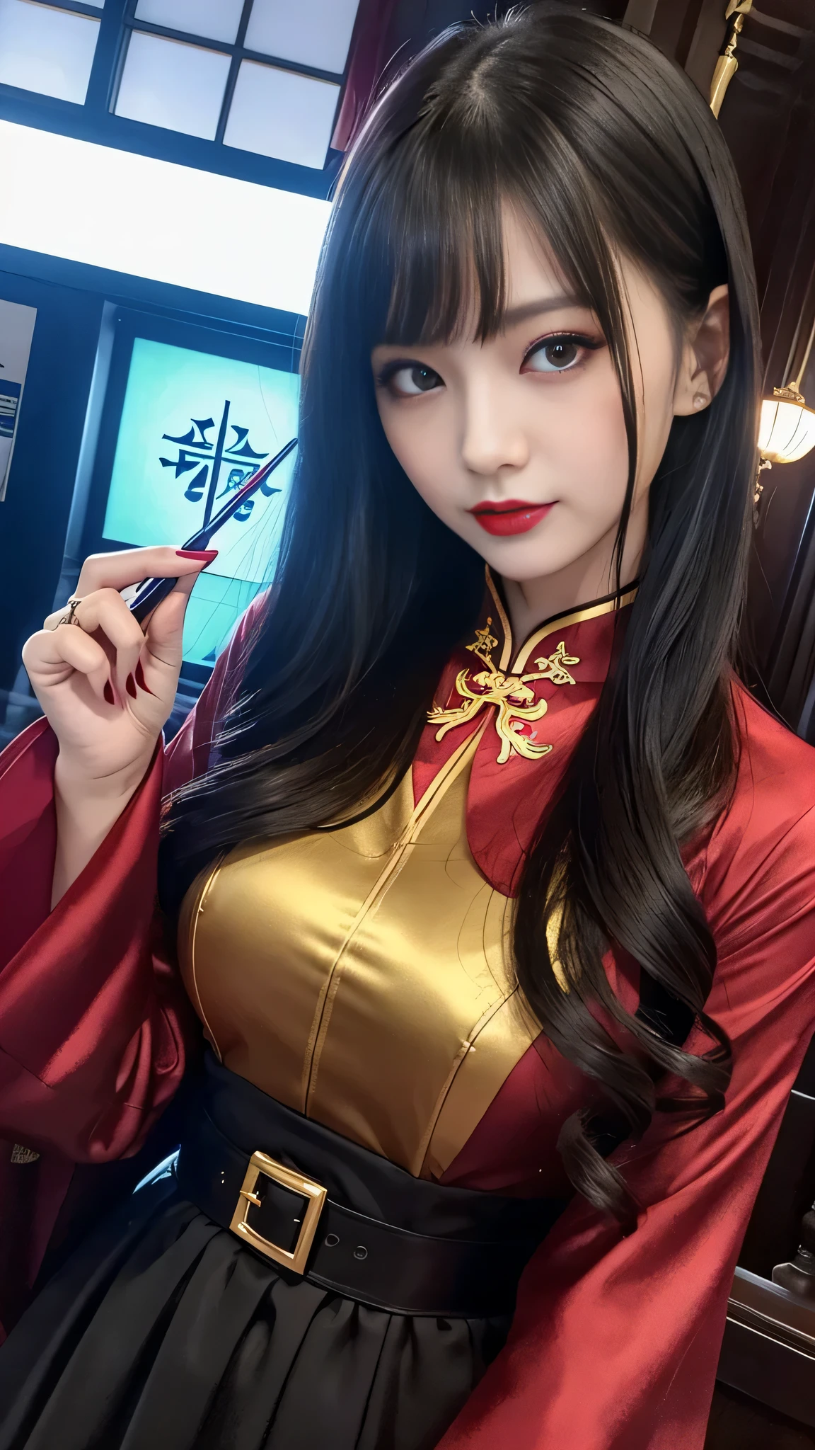 1girl in ,(Ao Dai),Colossal tits, wide open cleavage,((Chinatown)) , (Red Lip), (Long Black Hair),((looking to camera)), High resolution,Highly detailed, looking to camera,Keep your hands above your head、Composition from below、appearance々Posing