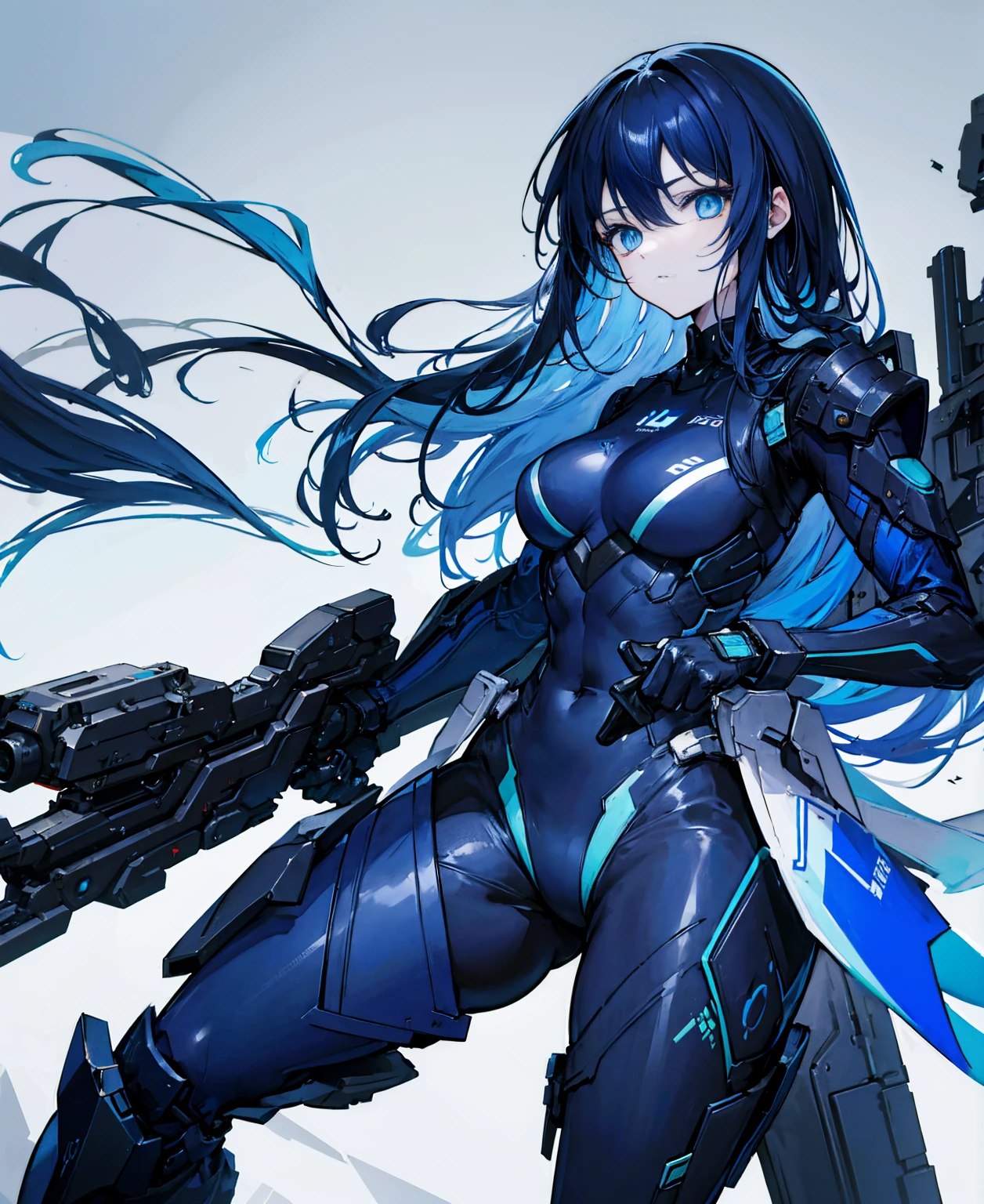 no background,girl,carry a firearm,Enamel-like tight suit,use of firearms,dark blue long hair,attention arousal,blue colored eyes,no gradation