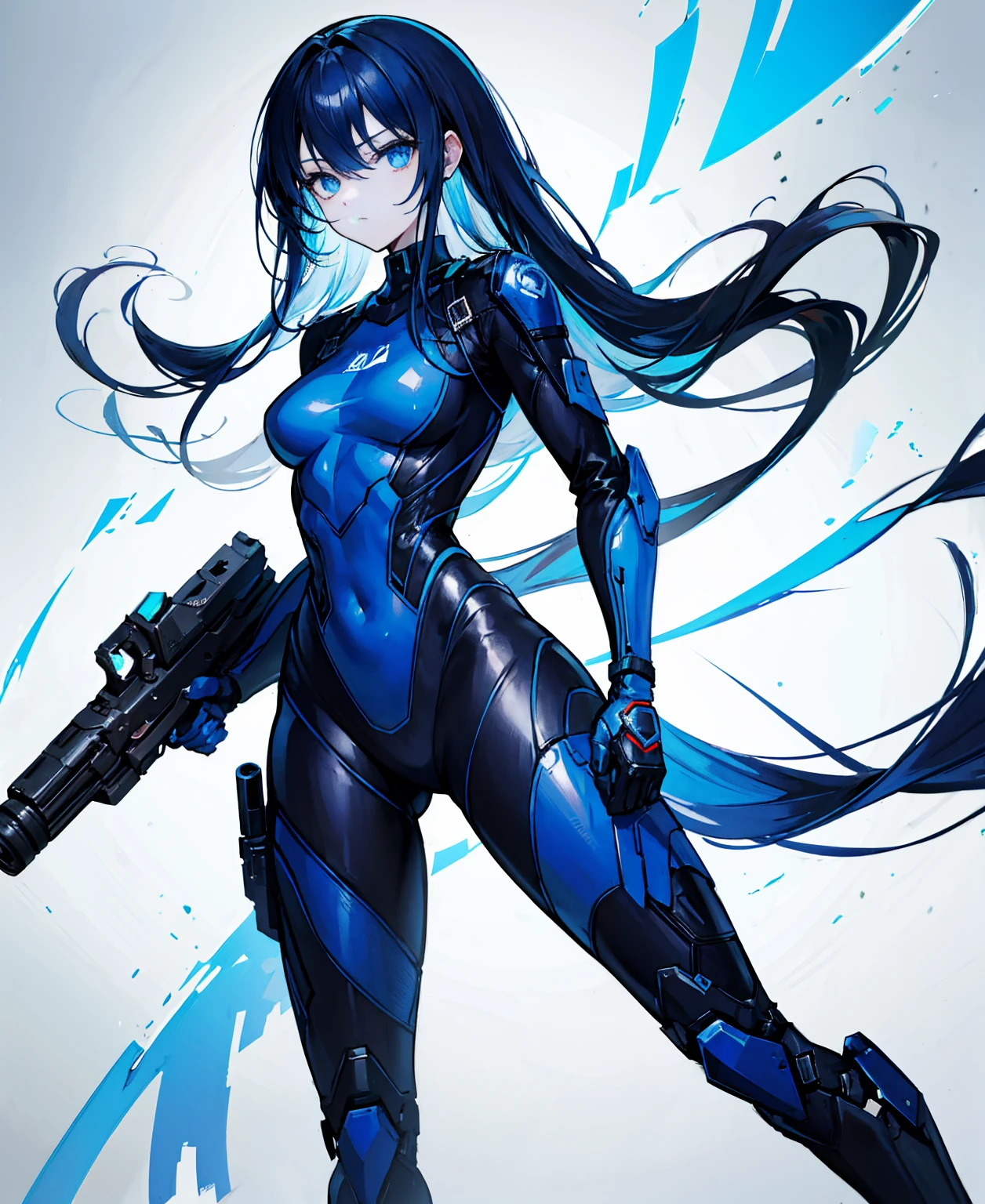 no background,girl,carry a firearm,Enamel-like tight suit,use of firearms,dark blue long hair,attention arousal,blue colored eyes,no gradation