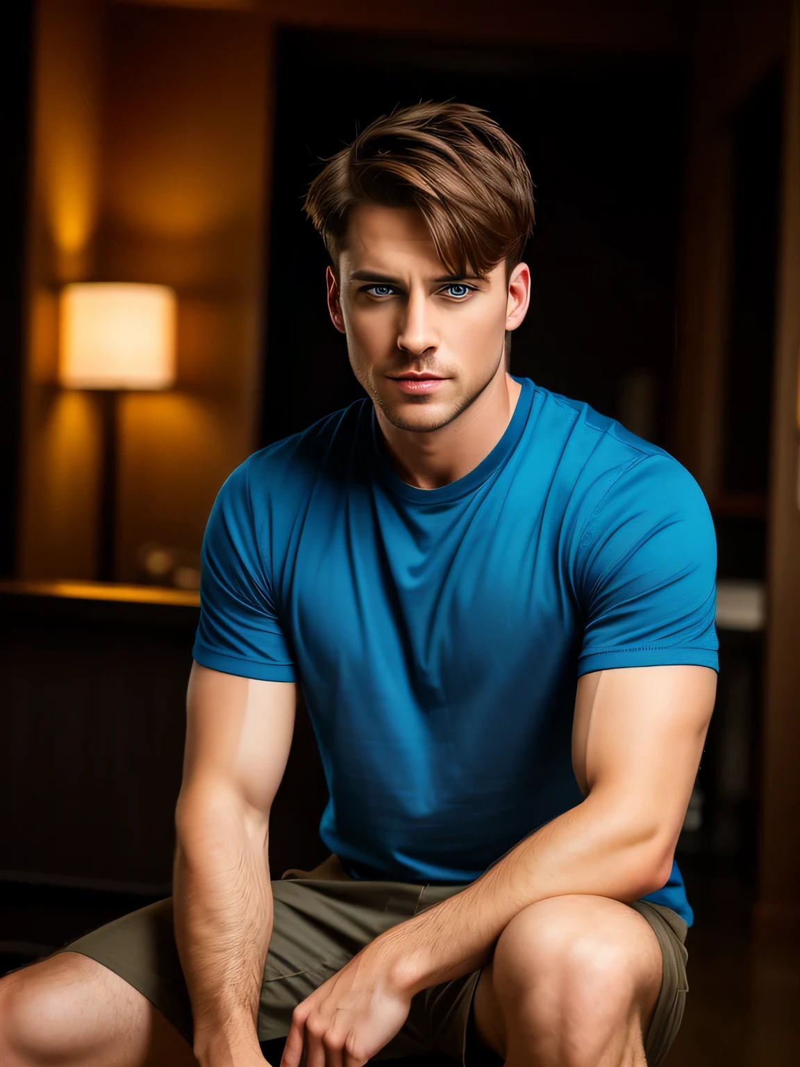 photo of a stunningly handsome man, 25 years, Blue eyes, short hair, Brown hair, full height, in a T-shirt, Photorealistic, Best quality, detailed, 8 k, HDR, cinematic lighting, sharp focus, short hair, looks at the camera, wicked, angry, angry, sitting pose