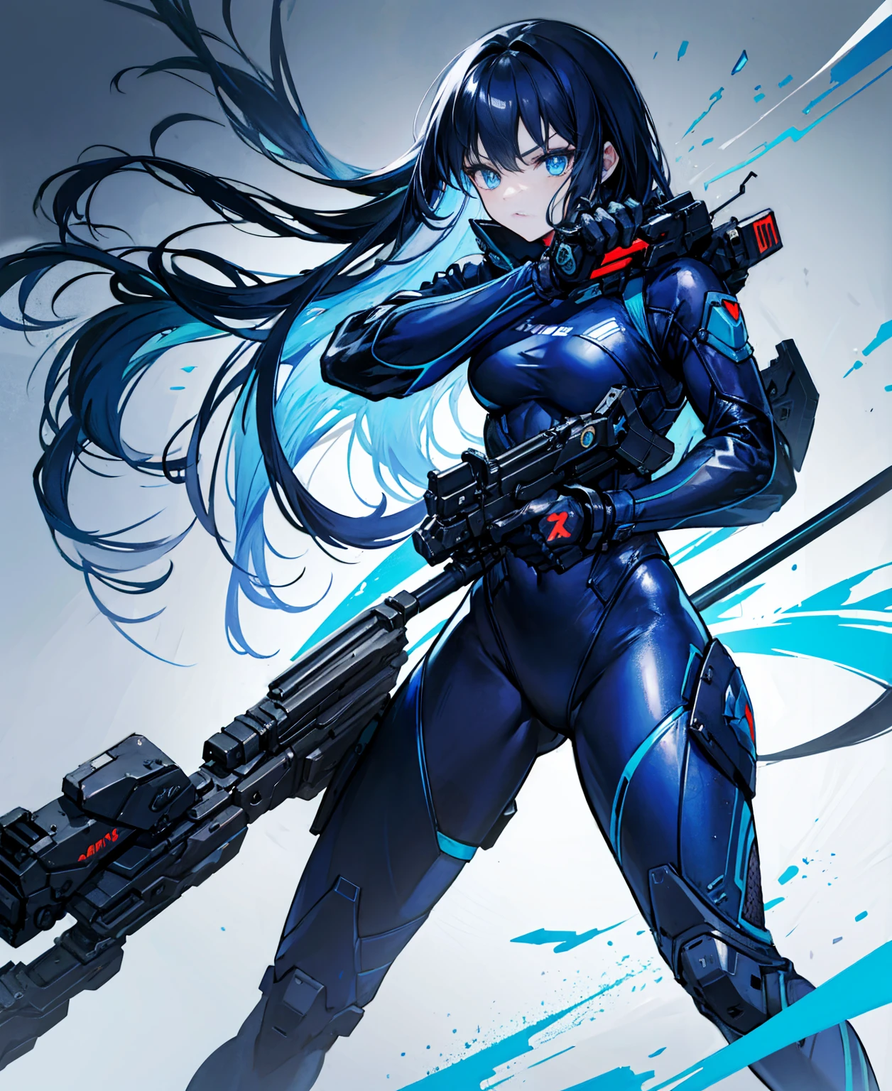 no background，girl，carry a firearm，Enamel-like tight suit，use of firearms，dark blue long hair，attention arousal，blue colored eyes,no gradation