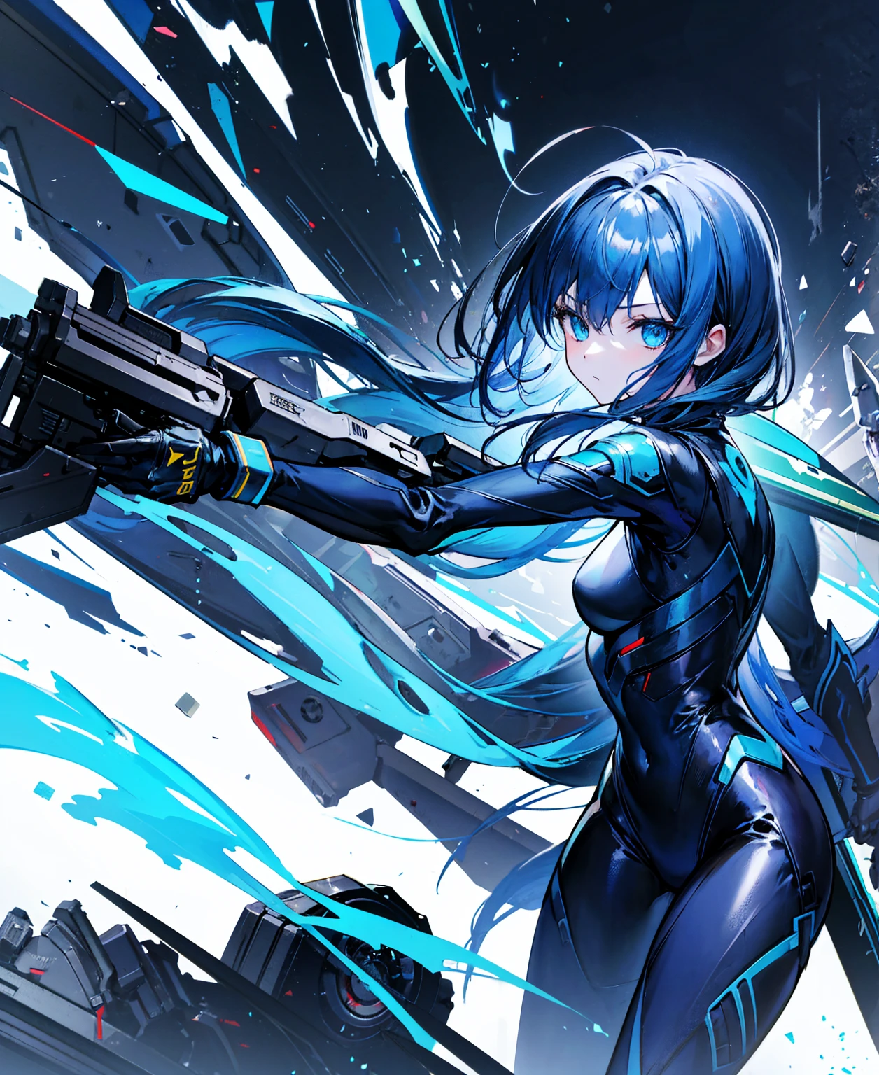 no background，girl，carry a firearm，Enamel-like tight suit，use of firearms，dark blue long hair，attention arousal，blue colored eyes,no gradation