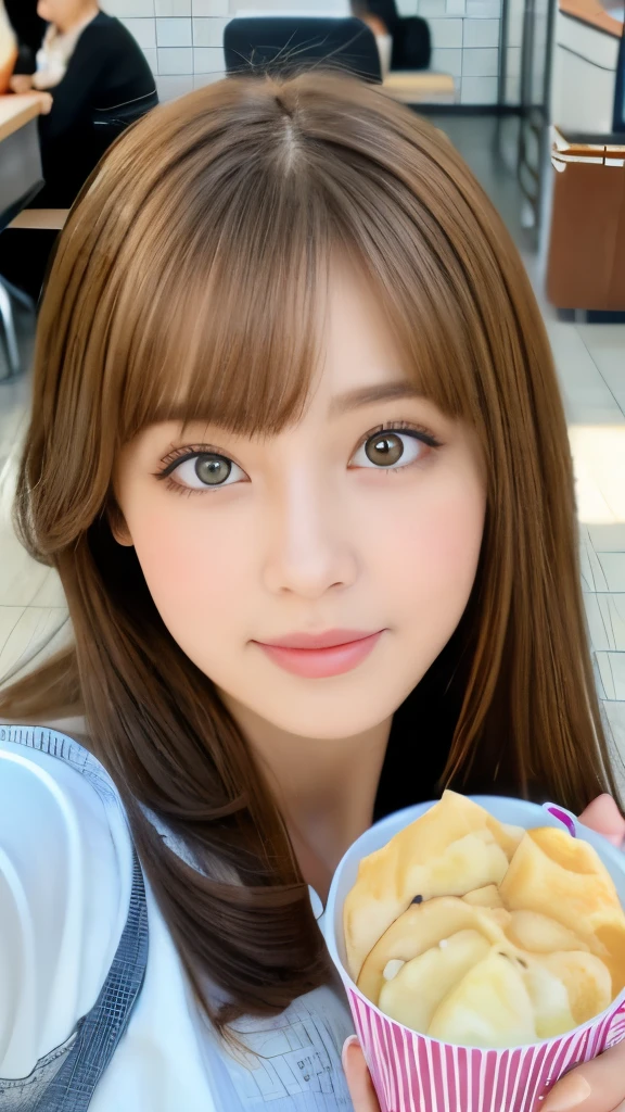 Best quality, 8k,  ,Masterpiece :1.3)), facing viewer,((full body1.2)) ,pretty woman, wide shot ,1girl, , selfie   ,  Cafeteria,, , brown hair  , bangs,ultra-detailed face, highly detailed lips, detailed eyes, double eyelid