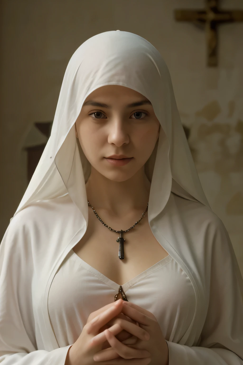 (Masterpiece, Young Nun), (High Quality, Spiritual Figure), (Female Character, Religious Icon), (Detailed Attire, Habit), (Nun's Veil, Covered Head), (Bare Neckline, Modest Plunge), (Natural Complexion, Radiant Skin), (Soft Lighting, Holy Sanctuary), (Realistic Texture, Fabric Wrinkles), (Deep Focus, Close-up Portrait), (Young Face, Innocent Expression), (Hands, Holding Rosary Beads), (Gazing into the Distance, Contemplating), (Serene Environment, Monastery), (Bloss