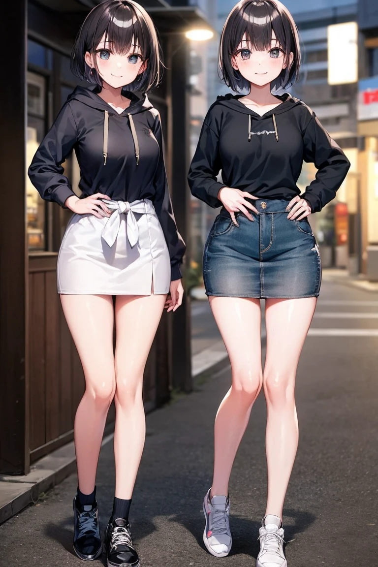 hoodie、Tight Skirt、shoes、Are standing、extraordinary smile、 teenage woman、short hair、(shiny skin:1.4)、The whole body is shown、put your hand on your waist、