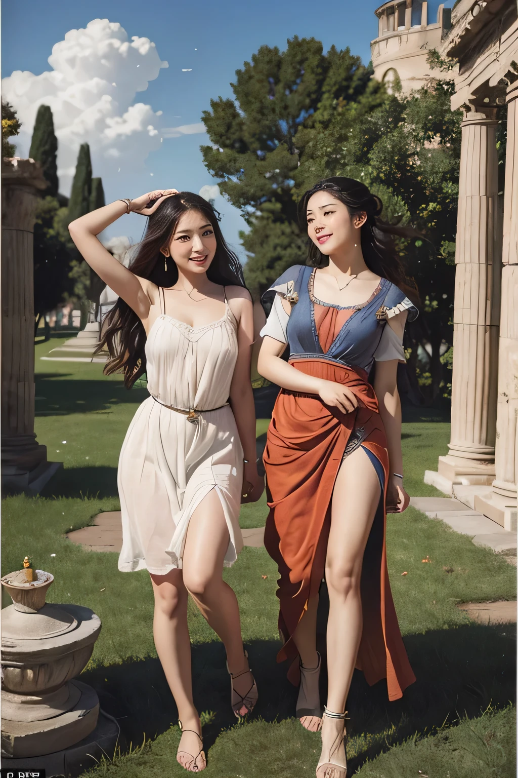 full body portrait or statue、Giorgione painting style,Arguments of two female Philosophe,math、astronomical machine、astronaut、roses in vase、fruits、Cute trinkets、smile、ancient greek costume、Ancient Roman landscape in the style of Nicolas Poussin,laughter,,Sweet and seductive appearance.、Caravaggio's paintings、Chiaroscuro of Caravaggio、hair tousled by the wind,Two women frolicking,cute smile, expression of ecstasy,Sexy,erotic