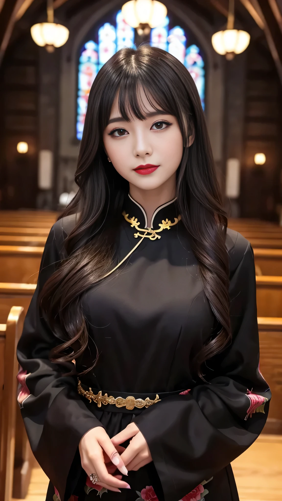 tra-detailed、２people、japanese people、attractive beauty、Captivating large people women、pretty woman、piercing eyes、cool girl、wavy hair、swept bangs、Long Black and Gold Cheongsam、wide sleeves、Evil cadres、evil depravity、brainwash、mind control、lipstick、have、lip gloss、dark makeup、smirk、Evil expression、evil、hollow eyes,half-closed eyes、empty eyes、evil、church at night、vampire、succubus、vampire、Swear allegiance、sexy pose