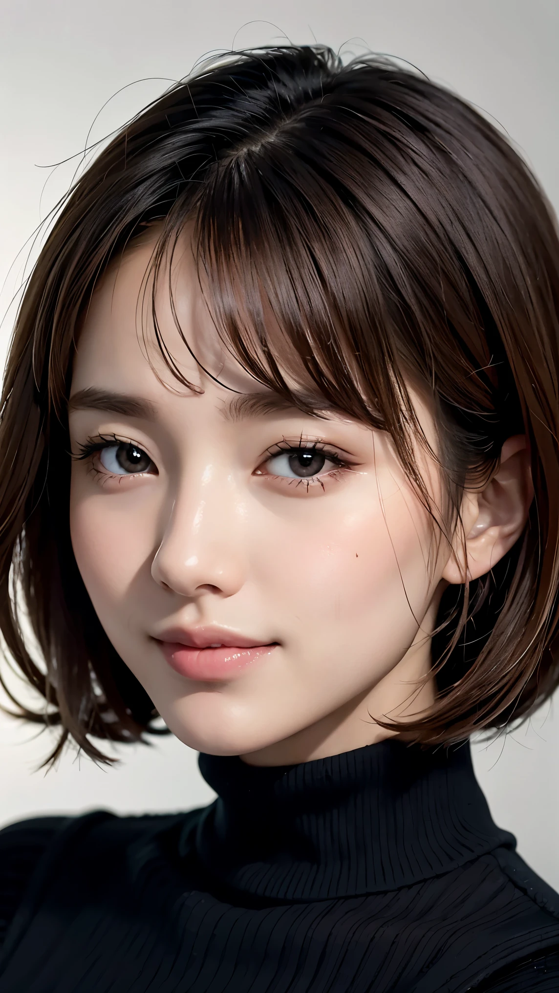 Realistic, masterpiece, highest quality, highest resolution, A portrait depicting only the upper body of a Japanese woman, A happy smile, slightly turned to the side, definitely looking at the audience, beautiful detailed eyes, black eyes, (hidden creased eyelids:1.2), thin eyebrows, Carefully draw eyelashes, natural makeup, middle hair, silver hair, detailed face, Black thick turtleneck sweater
