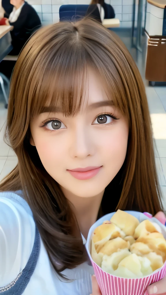 Best quality, 8k, ,Masterpiece :1.3)), facing viewer,((full body1.2)) ,pretty woman, wide shot ,1girl, , selfie , Cafeteria,, , brown hair , bangs,ultra-detailed face, highly detailed lips, detailed eyes, double eyelid