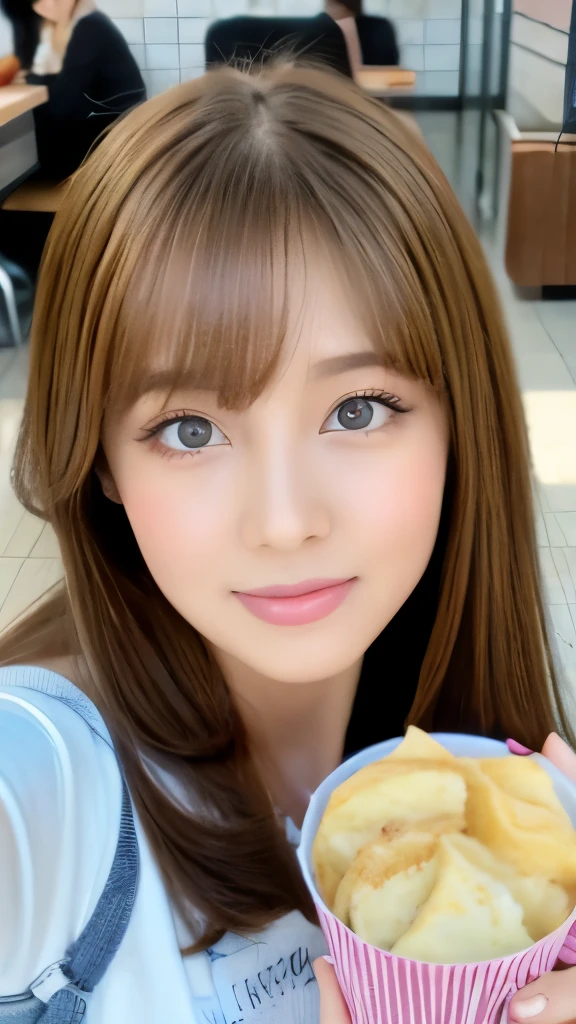 Best quality, 8k, ,Masterpiece :1.3)), facing viewer,((full body1.2)) ,pretty woman, wide shot ,1girl, , selfie , Cafeteria,, , brown hair , bangs,ultra-detailed face, highly detailed lips, detailed eyes, double eyelid