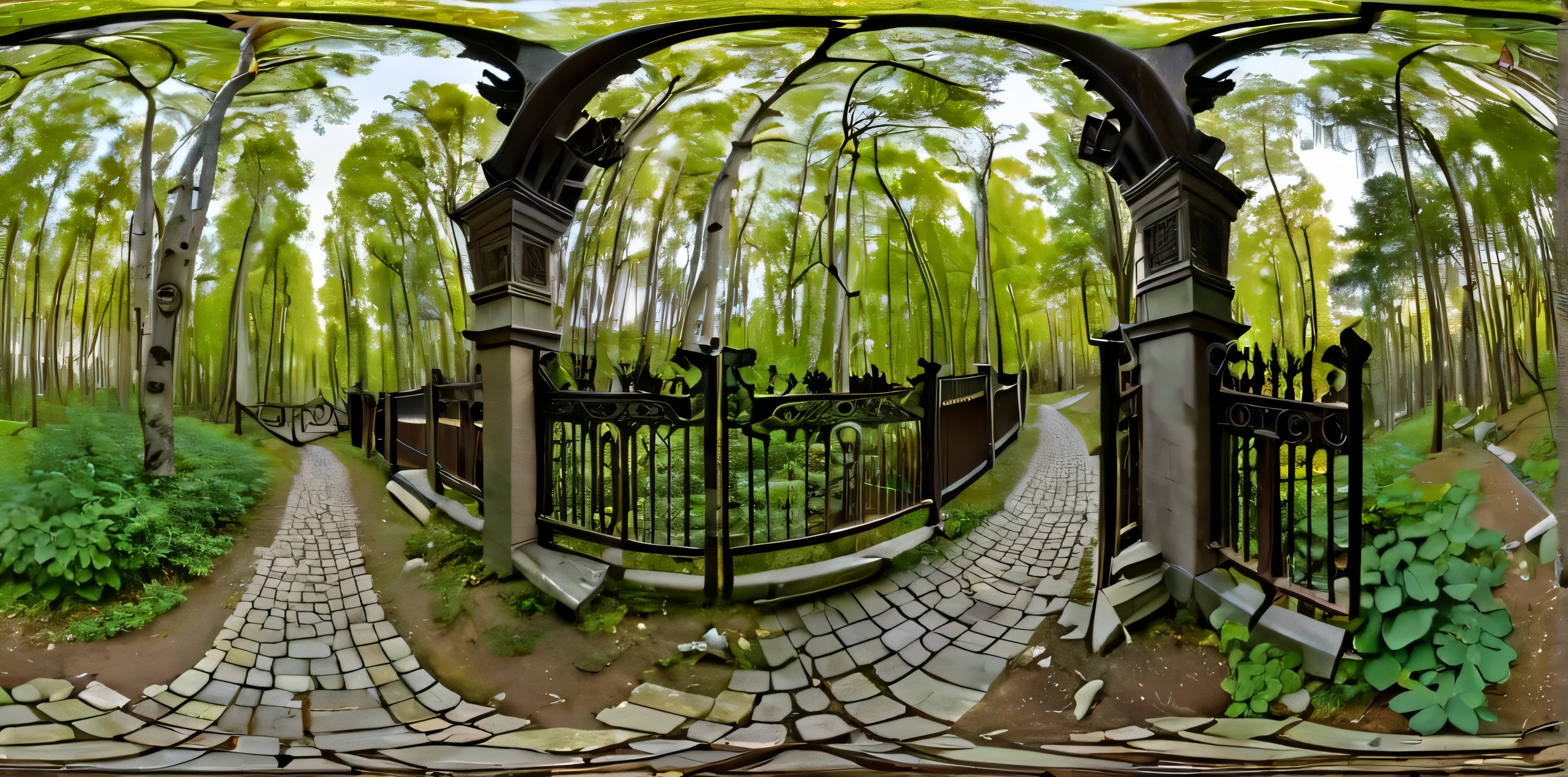 inspired by Ivan Bilibin, forest with a rocky path ending with intricate old gates, equirectangular image, 360 degree panorama