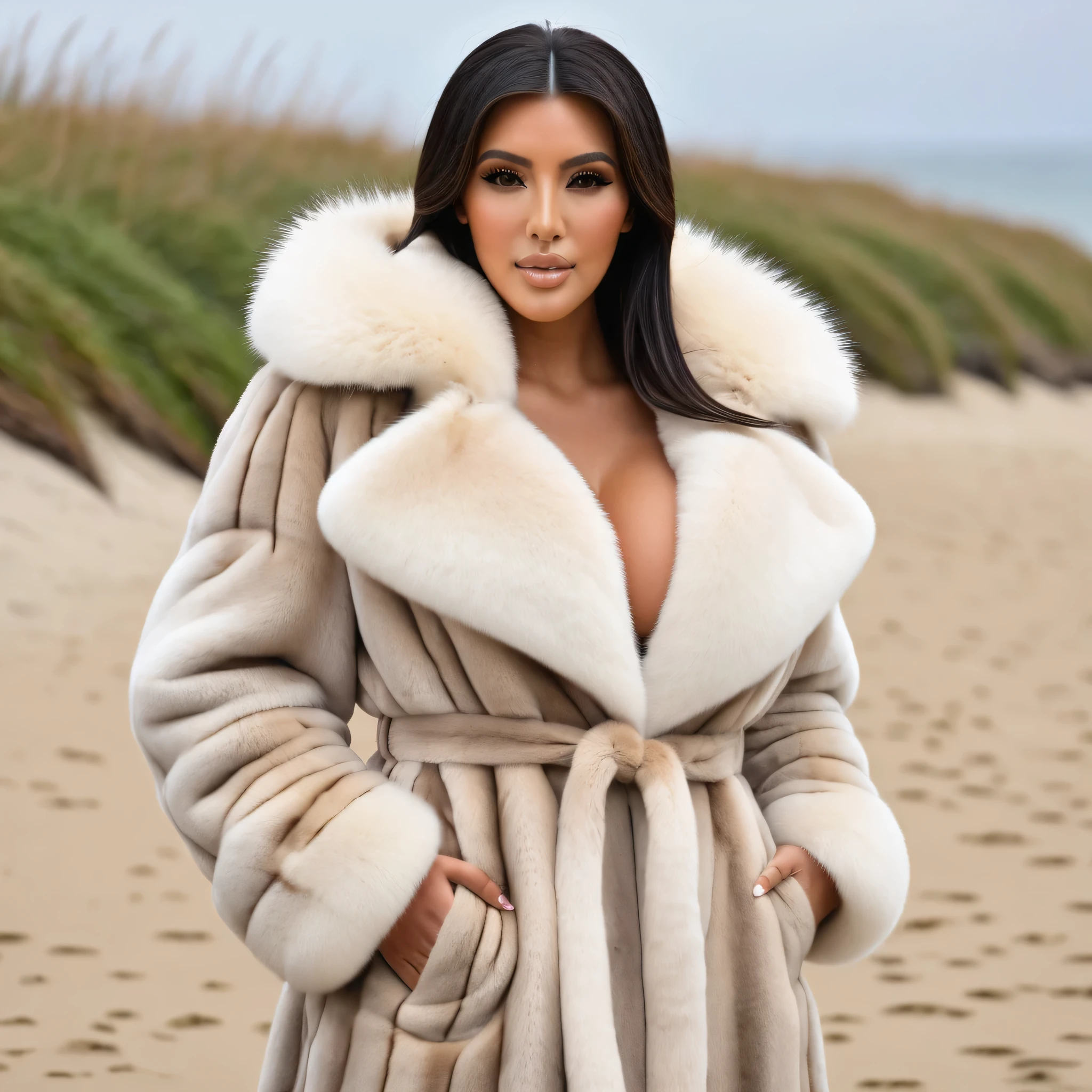 A very wide and very thick, very long sand mink fur coat, fifty centimeters thick, duveteux, naturel, with an ultra thick white and sand mink fur collar, three layers, sur Kim Kardashian, fully nude front view, bare shoulders, and two large breast discovered by the fur, at sunny Pebble Beach Concours d'Elegance , en haute résolution de la plus high quality、,Photo 8K HDR), Realistic texture, realistic shadows, (dynamic subdued lighting), (centered within the framework), (Very detailed:1.2), Fond d'8k screen, high quality, grain de film, Fujifilm XT3, (Very detailed skin), ((gaping and :1.3)), dark bun, messy hair, ,