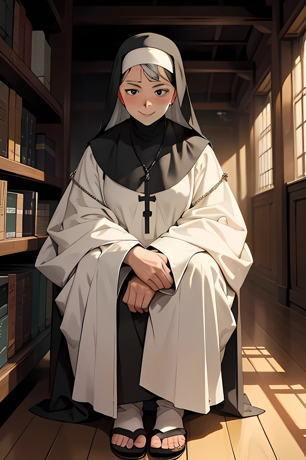 Mature nun, solemn expression, wrinkled face with deep lines, traditional religious habit with long robe and veil, weathered hands holding a rosary bead, serene posture, seated in a dimly lit room, surrounded by empty shelves and books, peaceful aura, intricately detailed habit, smiling gently, wearing simple yet elegant sandals, soft and wise gaze, expressing profound wisdom and compassion.