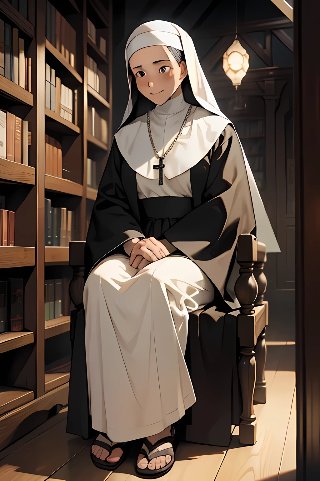 Mature nun, solemn expression, wrinkled face with deep lines, traditional religious habit with long robe and veil, weathered hands holding a rosary bead, serene posture, seated in a dimly lit room, surrounded by empty shelves and books, peaceful aura, intricately detailed habit, smiling gently, wearing simple yet elegant sandals, soft and wise gaze, expressing profound wisdom and compassion.