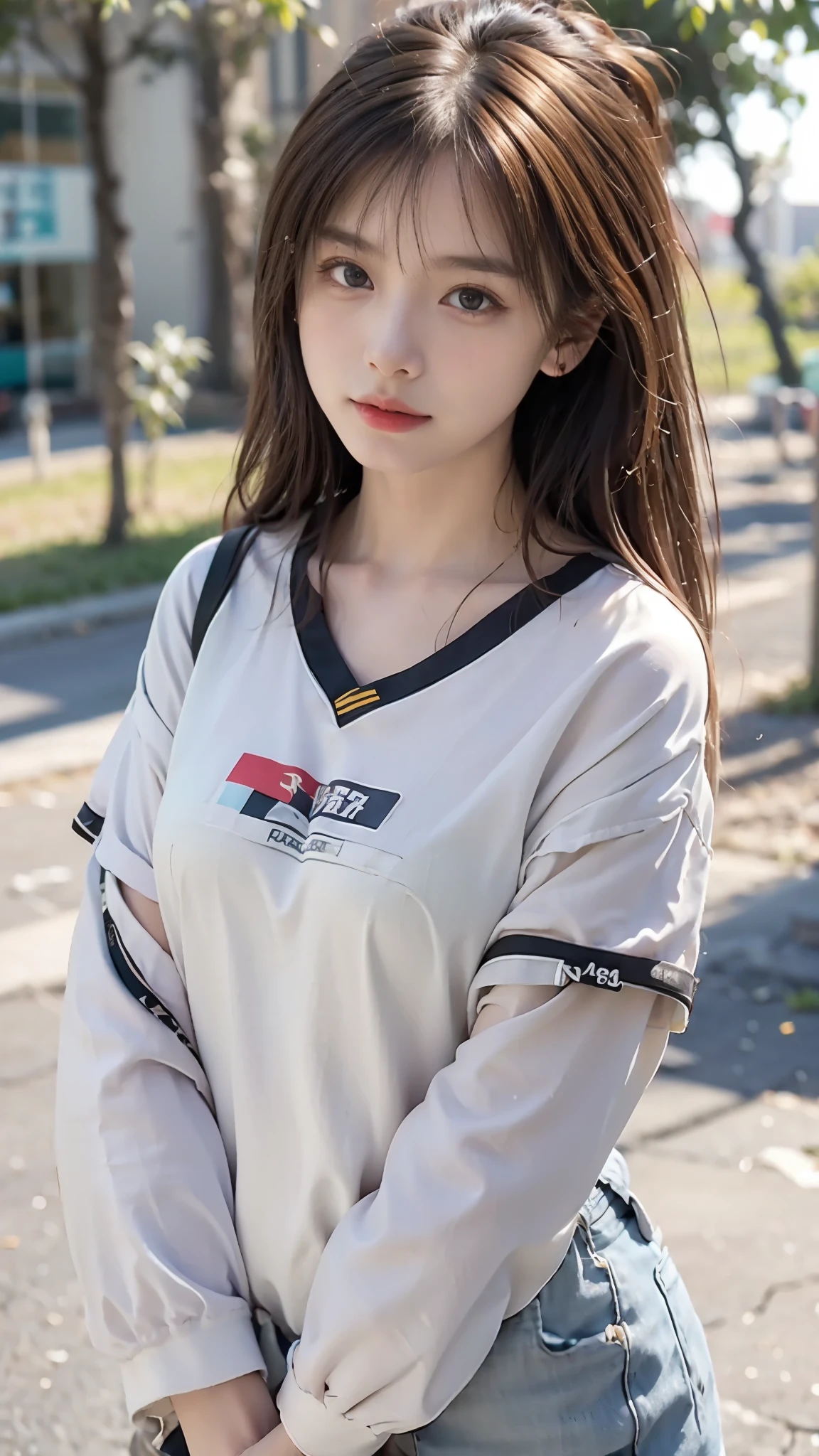 light brown hair, brown hair, hair between eyes, hair behind ear, messy hair, short hair, tongue out, white shirt, uniform, front, letterboxed, tachi-e, negative space, first-person view, lens flare, bokeh, Wide-Angle, Ultra-Wide Angle, f/1.8, 35mm, Surrealism, Realism, Verism, depth of field, Futurism, UHD, retina, masterpiece, ccurate, anatomically correct, textured skin, super detail, high details, high quality, award winning, best quality, highres, 8k