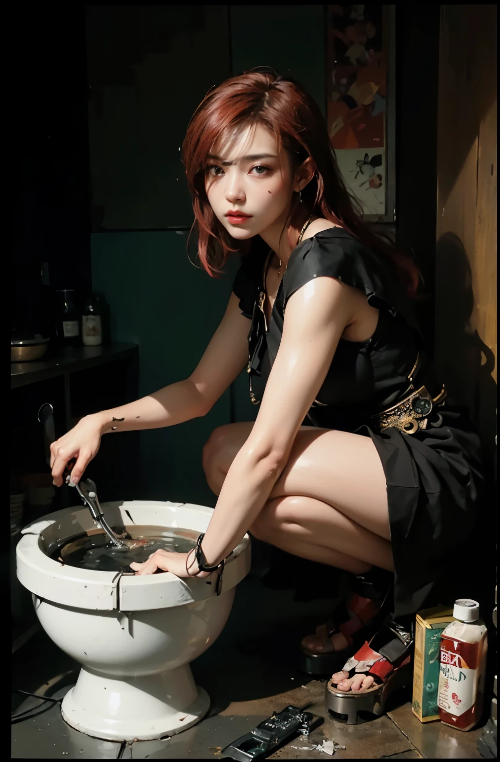 (top-quality:1.2, masterpiece)、ultra high resolution、extremely ultra surrealism, (Photorealsitic:1.4)、Raw photo、(Steampunk Battle Cyborg fallen angel)、large wings made of metal、black porcelain body、red hair、glowy skin、1 Cyborg girl、(mechanical frame:1.3)japanese, extremely cute face, ((super realistic details))、portrait、globalillumination、Shadow、octan render、8K、ultrasharp、character edge light、Details of complex ornaments、Acrylic Clear Cover、Sumerian details、Hydraulic cylinder、Small LED lamp、highly intricate detail、Realistic light、a purple eye、radiant eyes、Facing the camera、neon details、cowboy shot、Futuristic headgear、About Cyberpunk