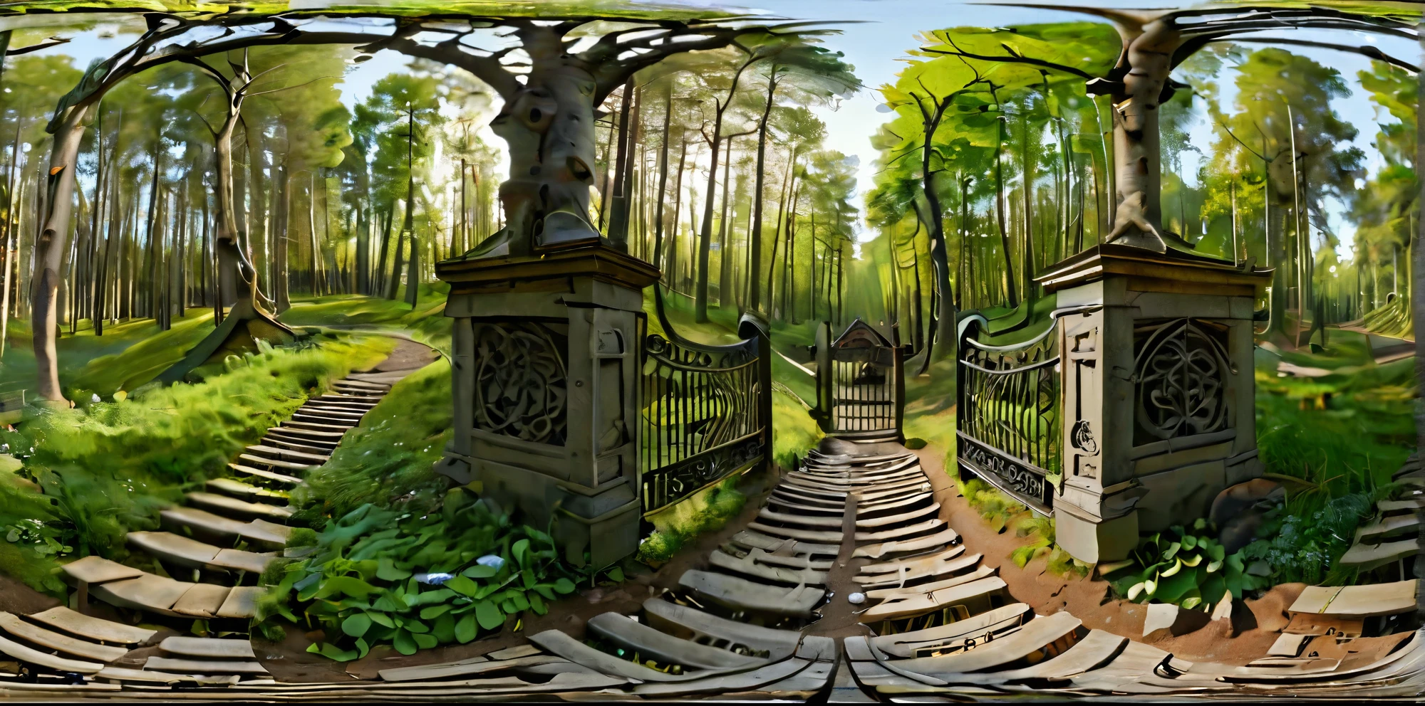 inspired by Ivan Bilibin, forest with a rocky path ending with intricate old gates, equirectangular image, 360 degree panorama