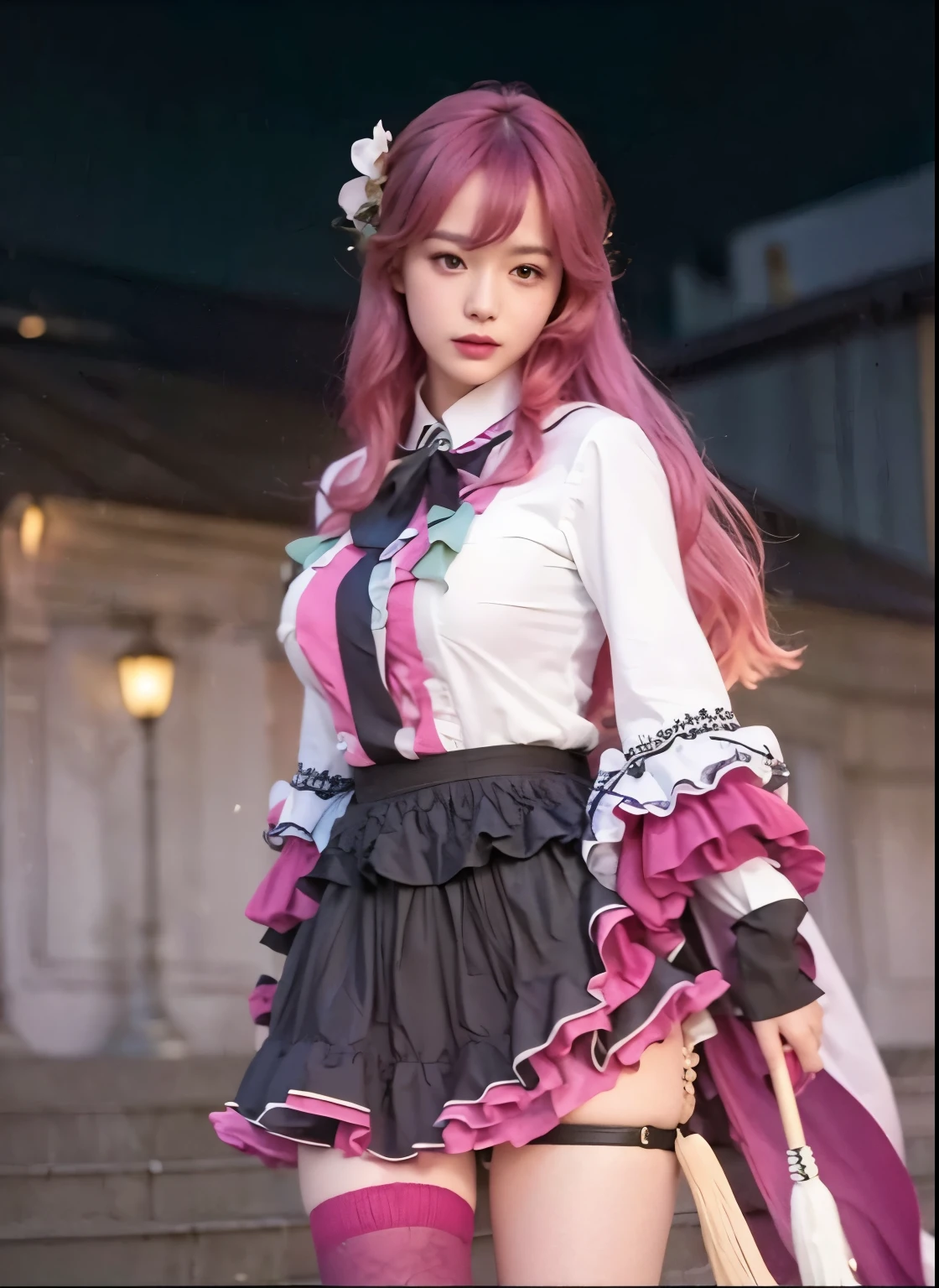 女の子 with pink hair and a black belt sitting on a wall, Beautiful school girl, Cute girl visuals, Smooth CG art, a Surreal , Cute girl in a nice dress, Seductive girls, Beautiful breasts, Thin thighs, Small beautiful butt, Surreal , cute girl, Young girl, (17 year old beautiful girl, Baby Face, Idol Face), I also make fan art, (Detailed eyes and face:1.3, Professional photography techniques), (Highest quality, 8K, masterpiece:1.2, RAW Photos), (Photorealism:1.4), Gaze at the viewer, (blush:1.2), (Perfect Anatomy), (Detailed hands)