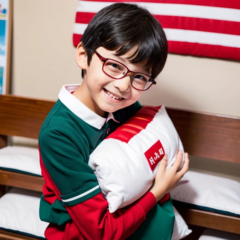 A 7 year-old boy student who is wearing red uniform shirt, black glasses and smiling is hugging a square pillow