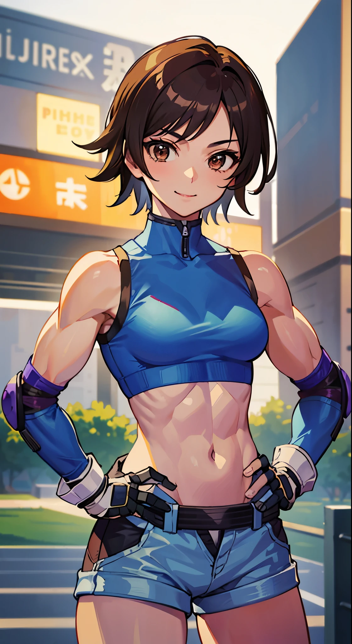 "(masterpiece、premium quality:1.2)、alone、1 girl(Asuka Kazama、muscular woman、short brown hair、white skin、brown eyes)、cowboy shot、smile、put your hands on your hips、tight clothes、good for sports、crop top、shorts、(gloves:1.1)、internal、elbow pad、abdomen、trained abdominal muscles、trained biceps、(group of buildings:1.2)、night view