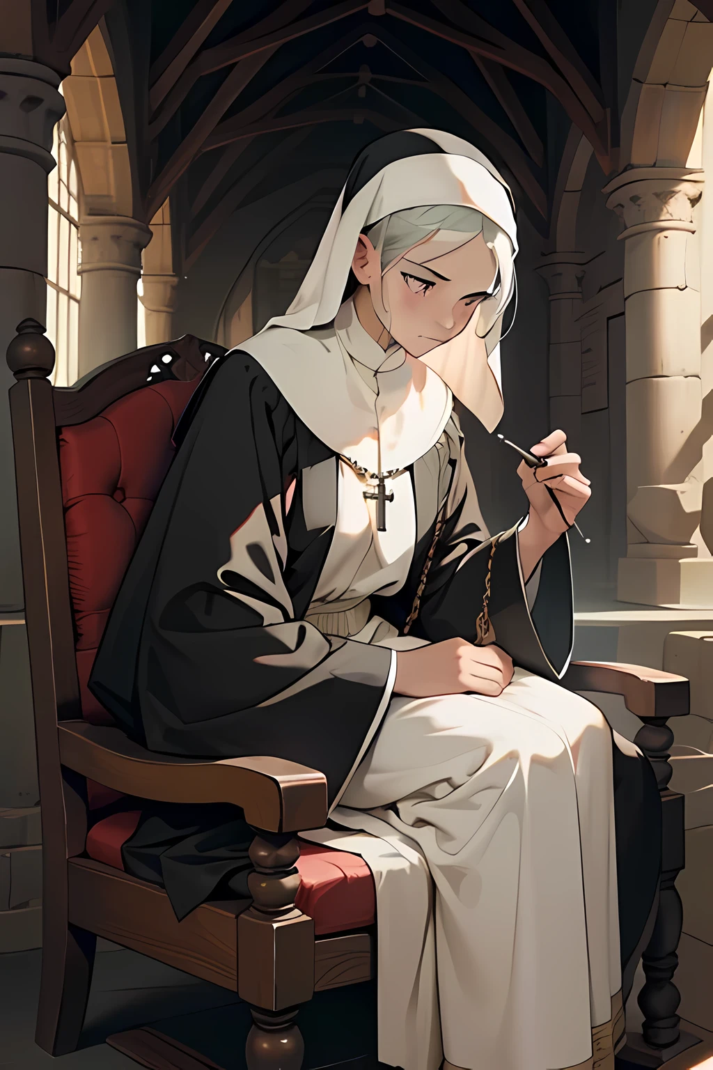 Old Nun, hollowed sanctuary, profound serenity, sage figure, wrinkled face, hair in a wispy bun, deep-set wise eyes, creased brow, venerable hands, worn habit, rosary beads in hand, humble posture, spiritual focus, mortarboard, black and white picture, peaceful gaze, craggy hands, creaky wooden chair, ancient parchment, monastic cell, faded wall paintings, tranquil atmosphere, intricately embroidered robe, holy symbols, pious devotion.