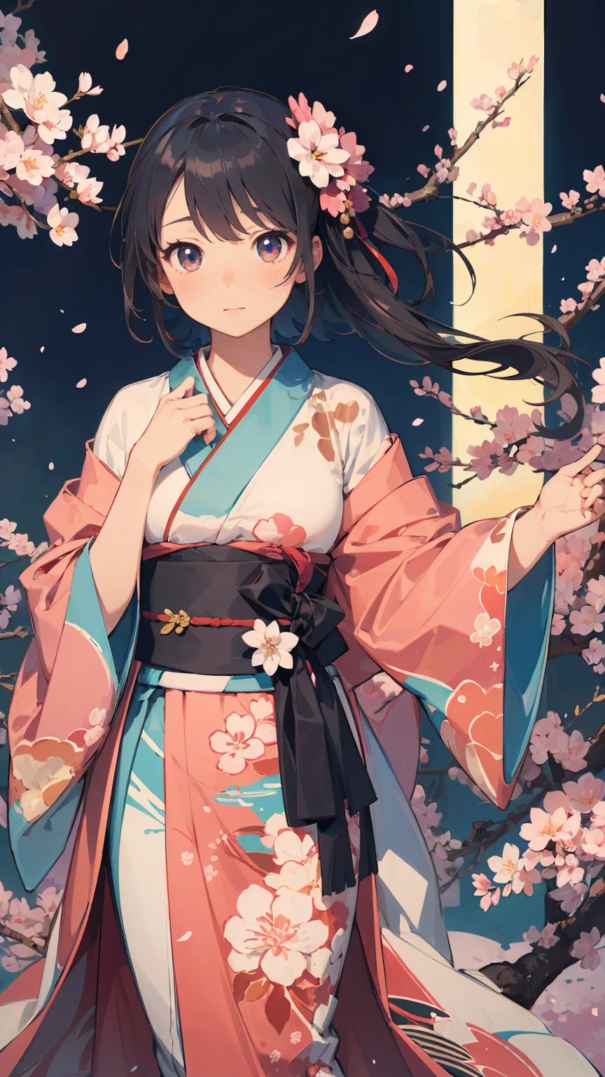 masterpiece, highest quality, figure, 1 girl, cherry blossoms乙女,cherry blossoms, flat color, line drawing, abstract, beautiful,Japan Theme