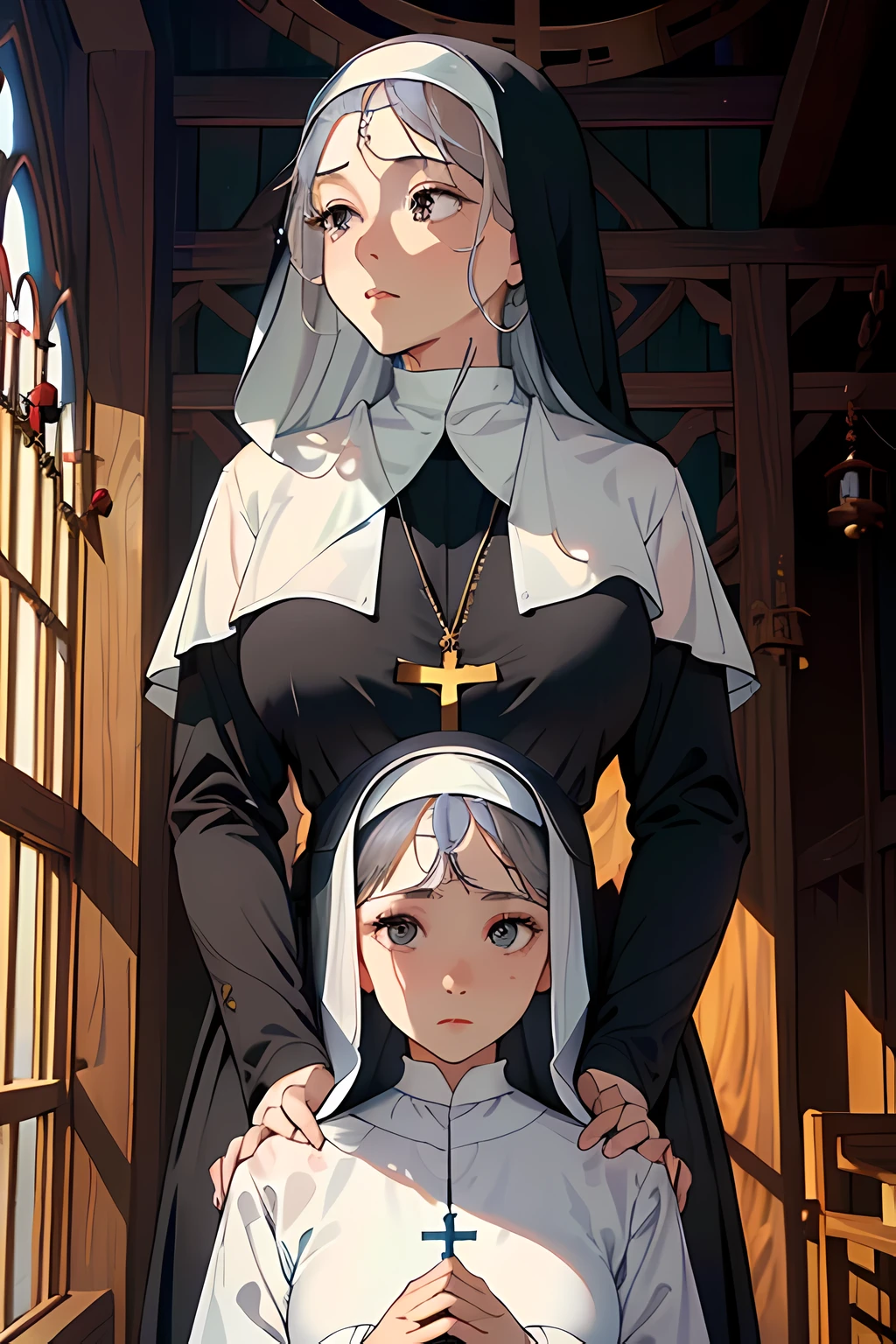 (Masterpiece, Young Nun), (High Quality, Spiritual Figure), (Female Character, Religious Icon), (Detailed Attire, Habit), (Nun's Veil, Covered Head), (Bare Neckline, Modest Plunge), (Natural Complexion, Radiant Skin), (Soft Lighting, Holy Sanctuary), (Realistic Texture, Fabric Wrinkles), (Deep Focus, Close-up Portrait), (Young Face, Innocent Expression), (Hands, Holding Rosary Beads), (Gazing into the Distance, Contemplating), (Serene Environment, Monastery), (Bloss