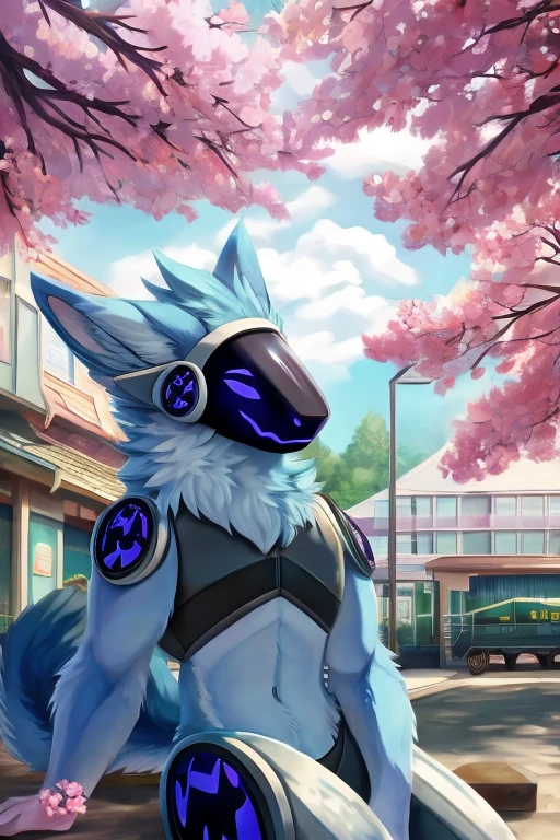 (((Light blue fur protogen))) , big chest, day, sexy, sensual, detailed, uploaded to e621, beautiful and detailed portrait of an anthropomorphic Light blue fur protogen, (((male ))) uploaded to e621, zaush, foxovh, movie lighting, , thicc, alone, ((submissive)) , view, muscular toned, muscles, muscular build, Japanese anime style, ((at a school in the front waiting to go in looking at the school)) : Springtime  (Japanese Anime Style)
 - delicate pinks, sunny yellows, and cheerful blues. Cherry blossom trees dot, their branches overflowing with soft pink petals that dance in the gentle breeze. the clear blue sky and fluffy white clouds. A muscular, light blue protogen sits, their metallic fur catching the dappled sunlight, a peaceful expression on their face as they bask in the warmth of the spring sun and breathe in the sweet scent of flowers. Butterflies flutter around them, adding to the scene's tranquility. Include details,  Capture the feeling of renewal and joy that comes with spring, using a vibrant and uplifting color palette. Draw inspiration from anime like Yuru Camp△ and Flying Witch, or spring scenes from Studio Ghibli films like Ponyo and My Neighbor Totoro. ,((( light blue fur protogen))) Japanese anime style, at a school in the front waiting to go in looking at the school, in front of a Japanese school, going to school, school, 