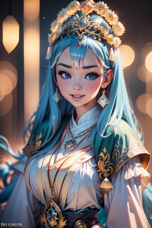 Hyper realistic, Beautiful, cute , 15 Years lolita Girl, blue eyes, wearing hijab, tiara, Rounded Breast,slightly Chubby , luxury earrings, luxury necklace, White Skin, Smiling, Dark City Background, mid shot, upper body, Perfect Potrait, Bokeh Effect, Look at Viewer, Perfect Eye, Perfect Hand, Perfect Finger, Bracelet, Ring, (breastssize:1.2), ((adorable:1.2)), ((masterpiece:1.1)), ((bokeh:1.2)),