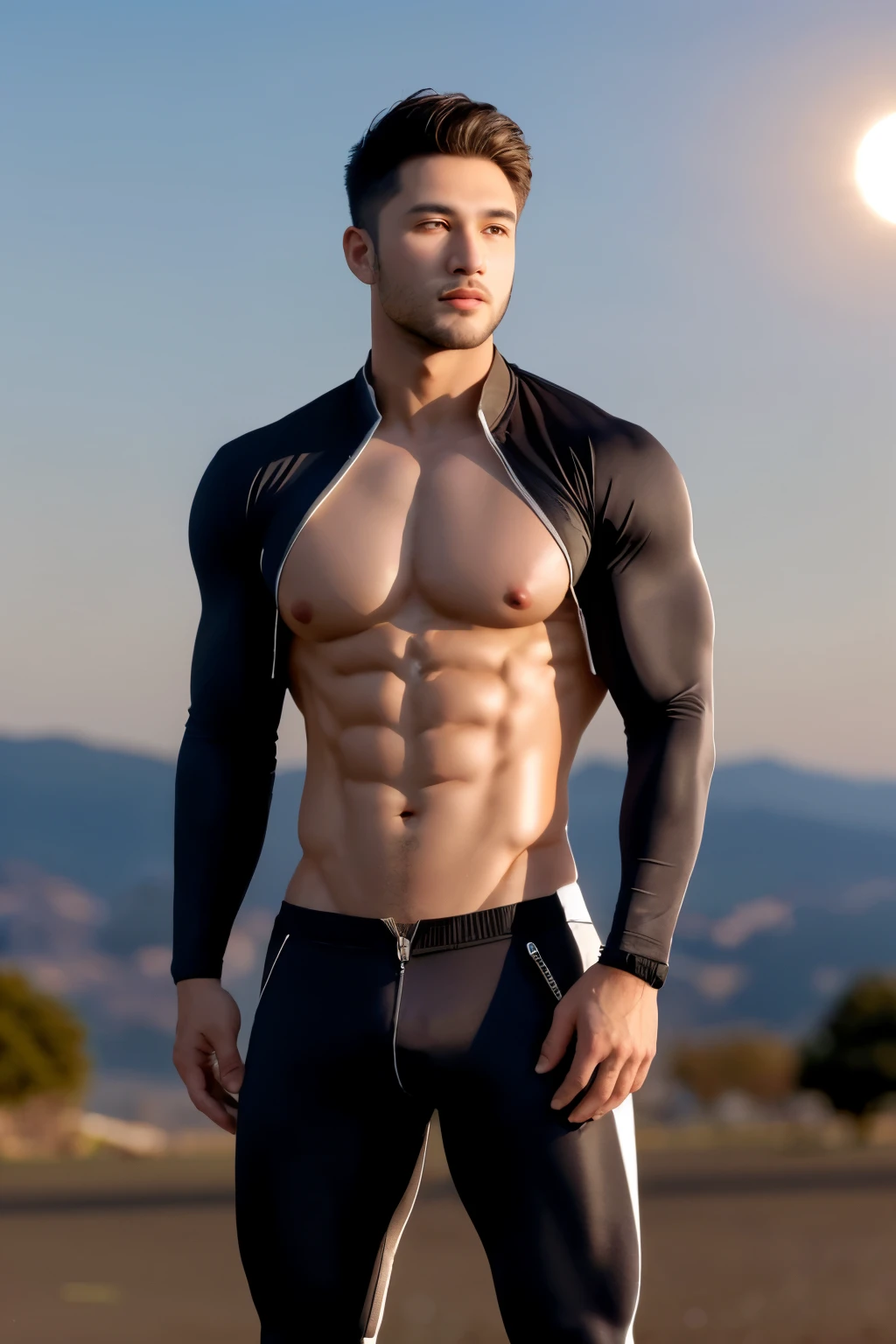 male, (standing close to solar eclipses), landscape, huge sun solar eclipses background, elegant, wearing tight clothes, open clothes, unzipped, blush, masterpiece, best quality, detailed background, depth of field, intricate details, (muscular), (large pectorals), (puffy nipples), 