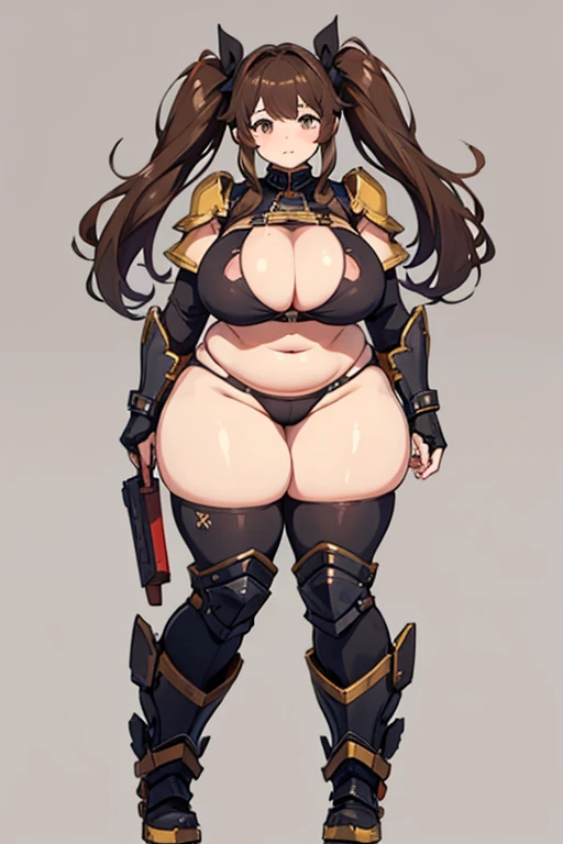 chubby girl, brown hair, twintails hairstyle, curvy, wide hips, huge breasts, plump, full body, shortstack, bikini armor