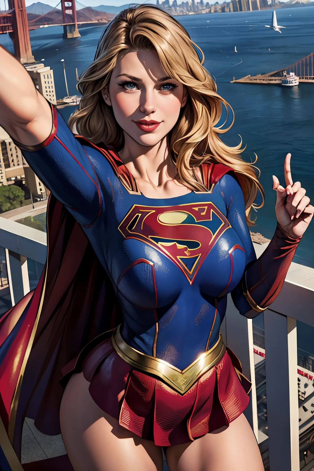 ((highest quality)), ((masterpiece)), (be familiar with),（Melissa Benoist）、（SUPER GIRL）, perfect face、Precise、24-years-old、supergirl women、blonde、long hair、Smile、Accurate finger depiction、beautiful nails、plump body、big breasts、constricted waist、big ass、red cloak、red knee high boots、Glamorous、glamorous、(Supergirl flying at high altitude above Yokohama Bay Bridge)、(taking a selfie)、(aerial view)