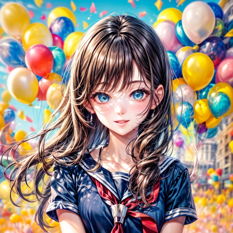 ((worst quality, low quality)), muste piece,best quality,Super detailed,masterpiece, face focus,17 year old beautiful girl, solo, (beautiful eyes:1.4), plump lips, high school girl uniform, sailor suit, (best smile:1.2), (Theme park background with many balloons flying:1.2), balloon effect🎈,masterpiece,32k,