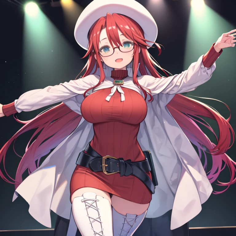 (One Girl)、Flat Color、Red color hair、long hair、Hair between the eyes、Big Breasts、Huge breasts、Blue Eyes、Bikini white swimsuit、Sexy Swimwear、Sexy pose、Smiling、On all fours、Angle from below、Watching the audience、Big straw hat、Glasses、Cleavage、