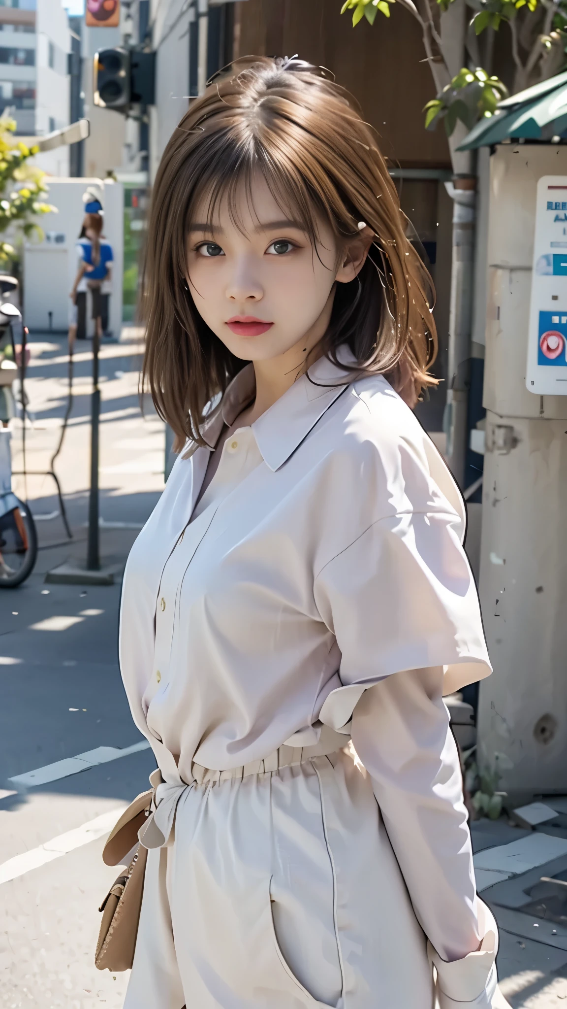 light brown hair、brown hair、hair between eyes、hair behind the ear、messy hair、short hair、tongue out、white shirt、uniform、front、letterbox、Standing picture、negative space、first person perspective、Lens flare、Bokeh、 wide angle、超wide angle、f/1.8、35mm、realism、Depth of the bounds written、futuristic、UHD、retina、masterpiece、correct、anatomically correct、textured skin、super detail、high detail、high quality、 award-winning、最high quality、High resolution、8K、cyber punk