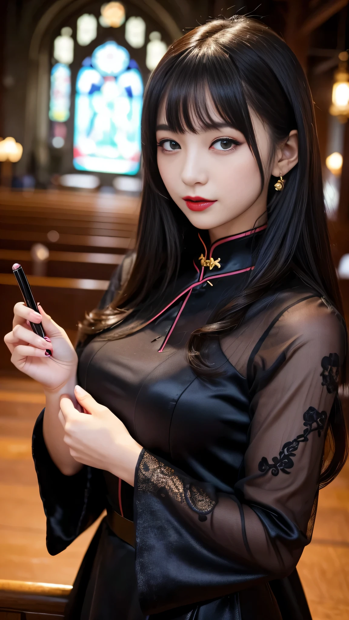 tra-detailed、2people、japanese people、attractive beauty、Captivating large people women、pretty woman、piercing eyes、cool girl、wavy hair、swept bangs、Long Black and Gold Cheongsam、wide sleeves、Evil cadres、evil depravity、brainwash、mind control、lipstick、have、lip gloss、dark makeup、smirk、Evil expression、evil、hollow eyes,half-closed eyes、empty eyes、evil、church at night、vampire、succubus、vampire、Swear allegiance、sexy pose
