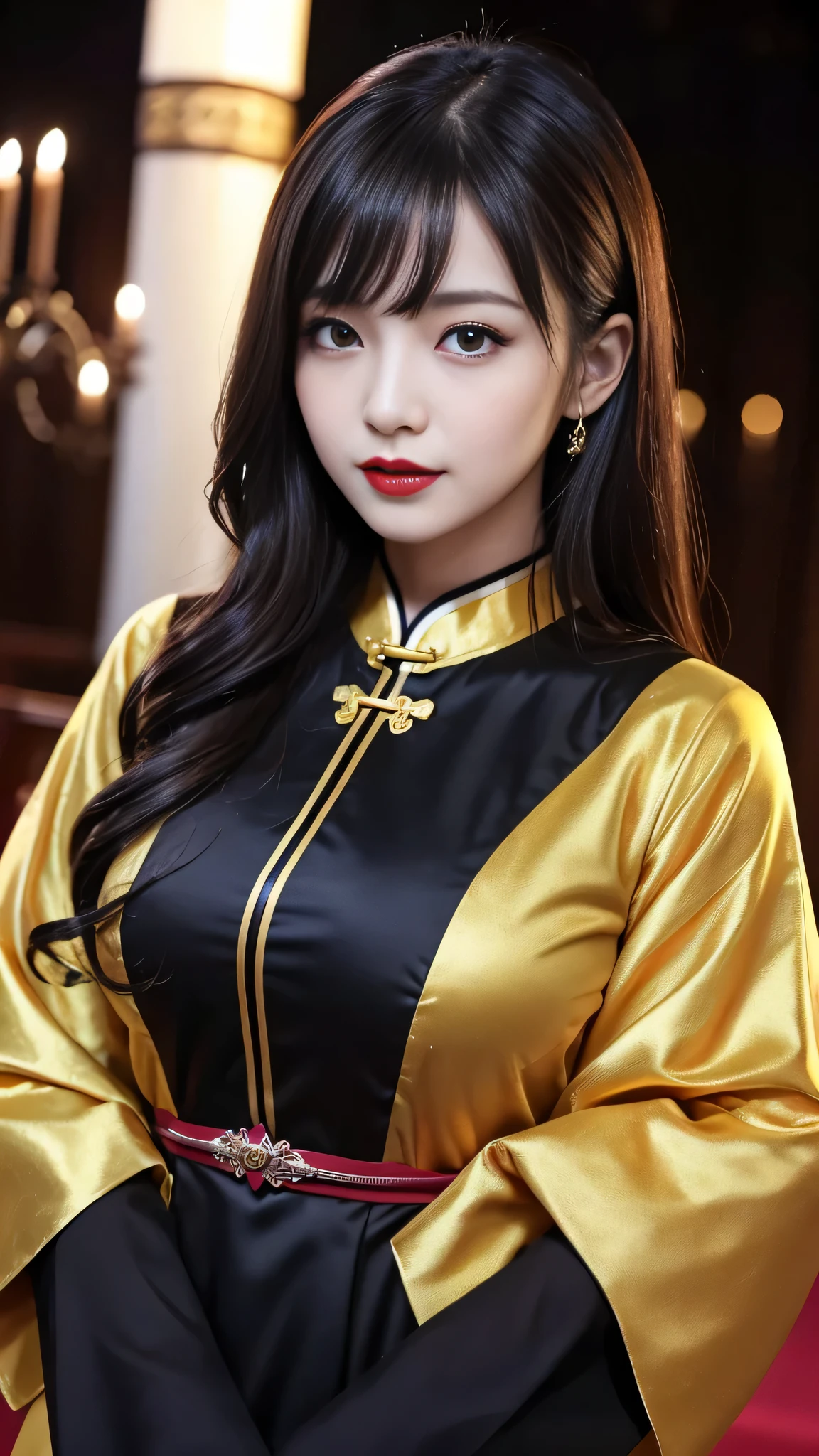 tra-detailed、２people、japanese people、attractive beauty、Captivating large people women、pretty woman、piercing eyes、cool girl、wavy hair、swept bangs、Long Black and Gold Cheongsam、wide sleeves、Evil cadres、evil depravity、brainwash、mind control、lipstick、have、lip gloss、dark makeup、smirk、Evil expression、evil、hollow eyes,half-closed eyes、empty eyes、evil、church at night、vampire、succubus、vampire、Swear allegiance、sexy pose