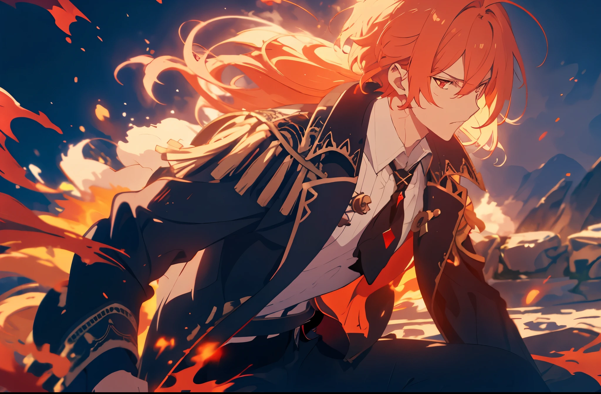 ((Best quality)), ((masterpiece)), (detailed),  ((perfect face)) 1 male solo, mature, handsome, tall muscular guy, broad shoulders, diluc (genshin impact), red hair, red eyes, brown coat, brown pants, black tie with red crystal, dramatic light, cinematic shot, anime screenshot, fire swirls