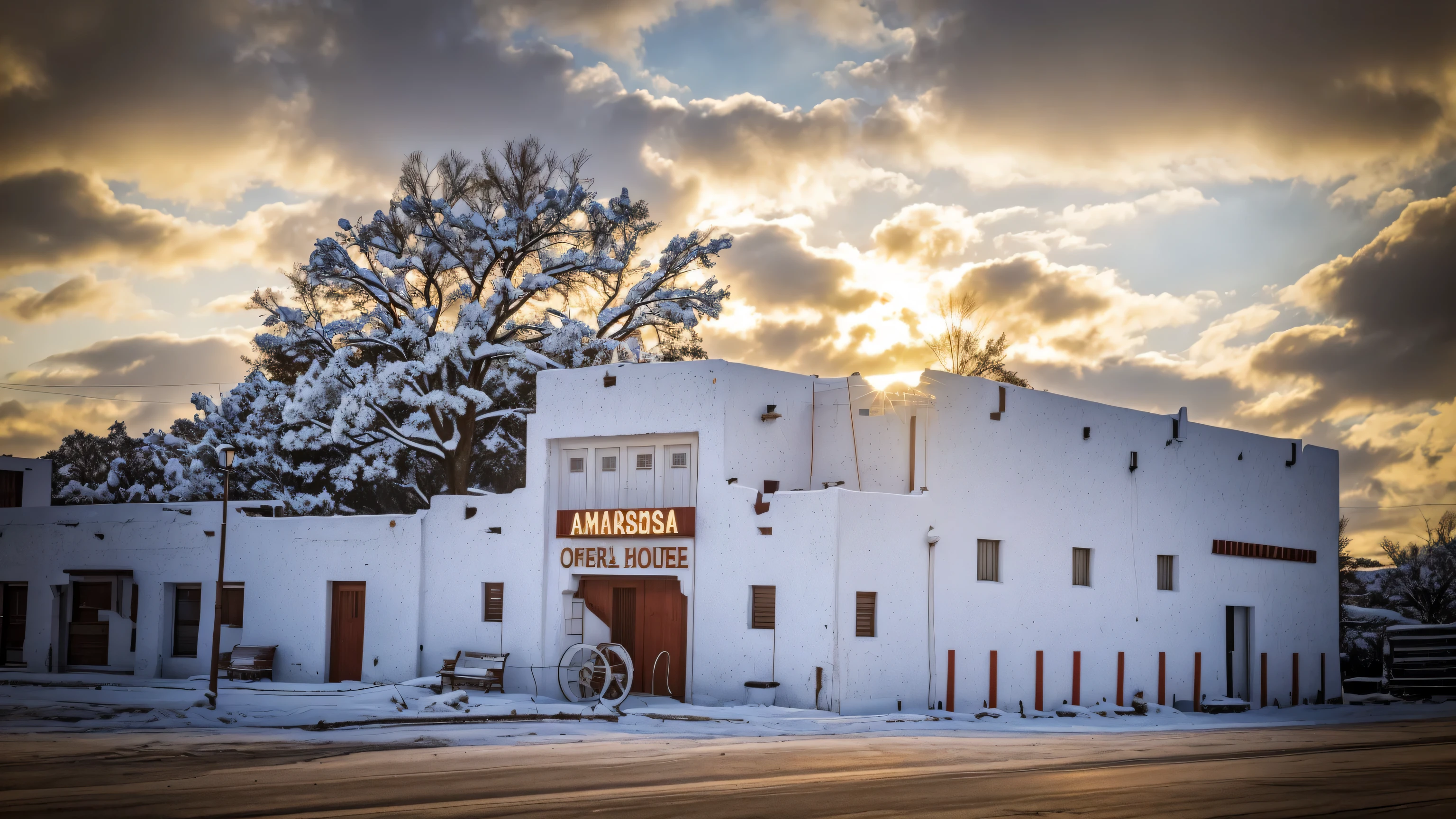 Snowy morning,prime time,golden sunshine,there is a White Building with a sign on the front of it, an old cinema, Khedivar Opera House, Side view in the distance, In Chuquicamata, USA, old cinema, Taken in the early 2020s, looking from the outside, looking from a distance, by Brigette Balague, exterior wide shot, White Building, old building