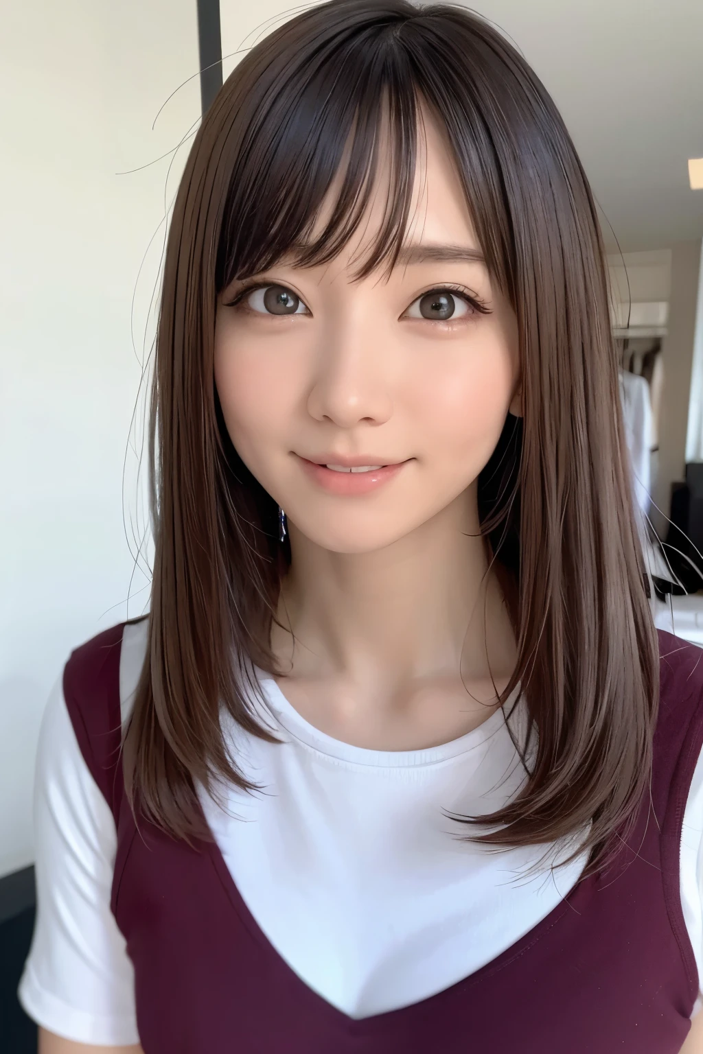 masterpiece、realistic、upper body girl portrait、beautiful face、Smiling cute、sharp focus、young woman、20th generation、8K post production、High resolution、Super detailed、Studio photography becomes a trend at Art Station、intricate details、very detailed、pure form、8K resolution、The shape of the head is round and beautiful、small nose