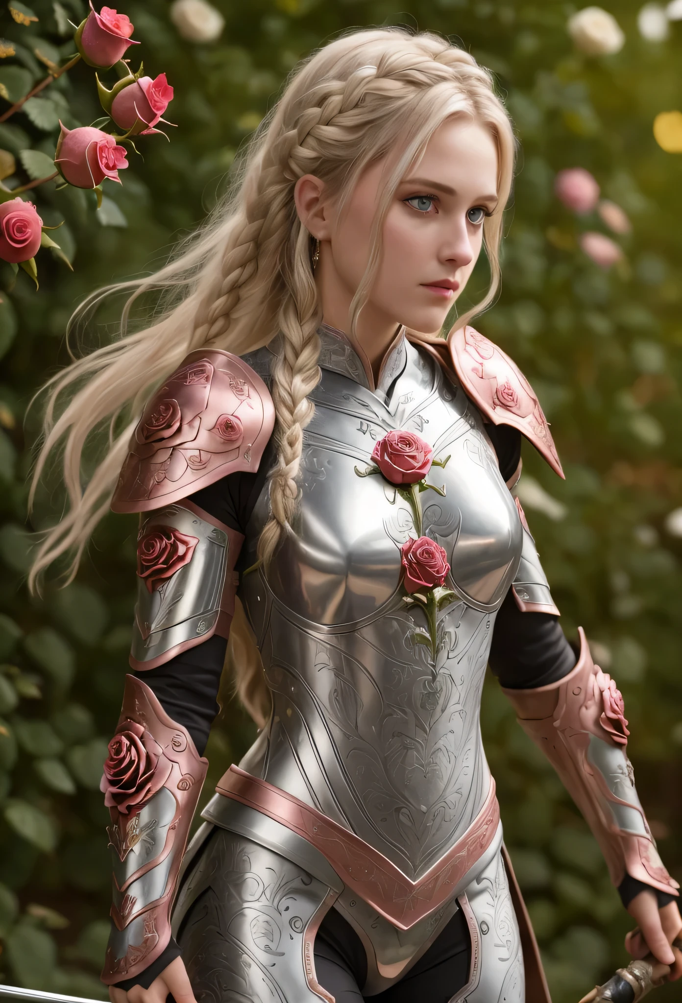 masterpiece,best qualtiy,hdr, hyper HD, 8K,Bokeh,Ultra-fine painting,Sharp focus,Physically-based rendering,Extreme detail description，1 female paladin，（Raised sexy：1.5），，pornart, sensual, sabre，Light silver armor，（Richly decorated armor：1.5），(The rose pattern is delicate and beautiful:1.5)，Golden hair，Long, Thick braids，detailed eyes，Straight nose，perfect bodies，