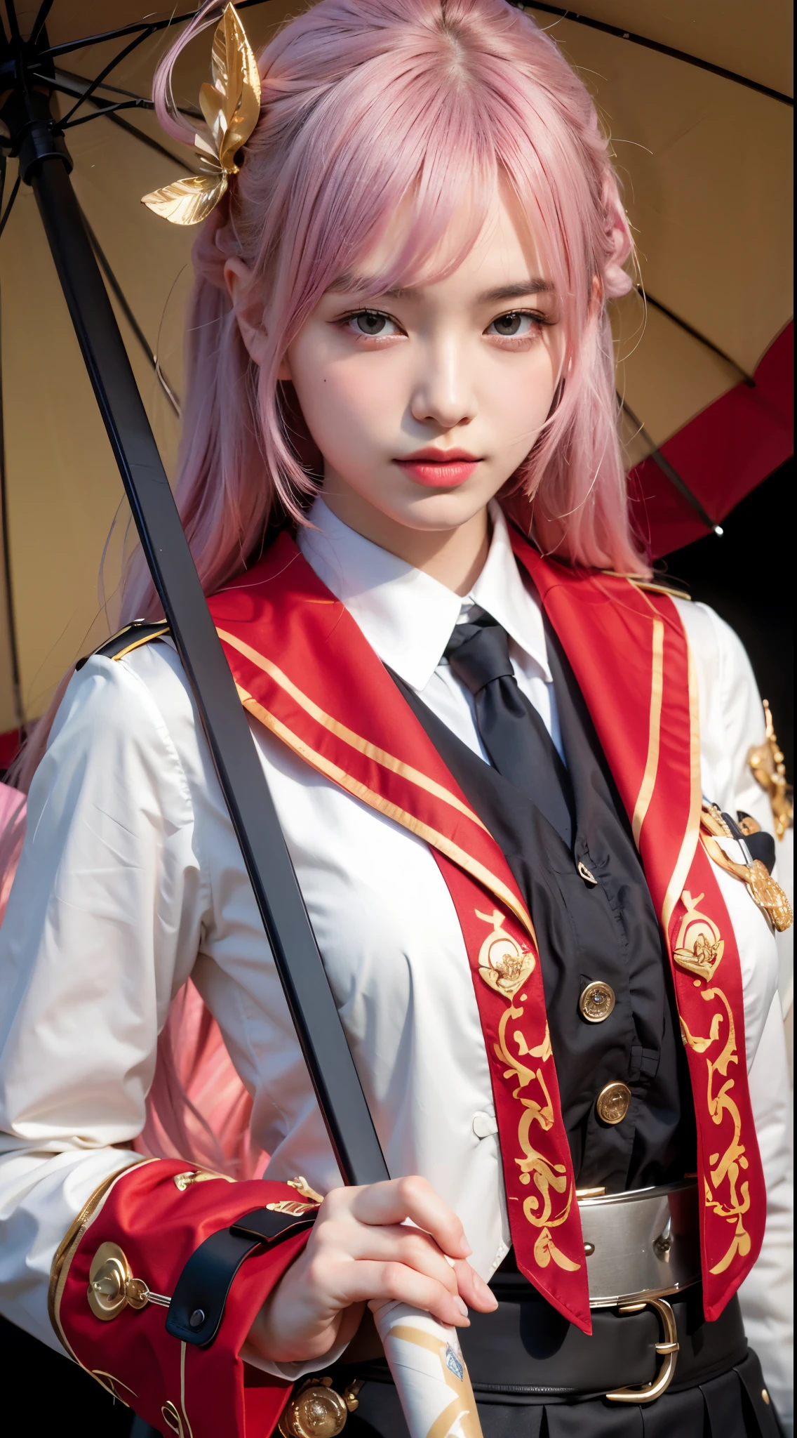 a beautiful cute girl with dress and black skirt and umbrella in hand, big breast, pink hair, realistic