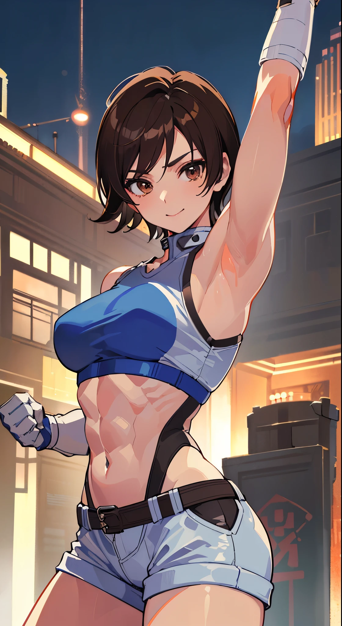 "(masterpiece、premium quality:1.2)、alone、1 girl(Asuka Kazama、muscular woman、short brown hair、white skin、brown eyes)、cowboy shot、smile、battle preparation、tight clothes、good for sports、crop top、shorts、(gloves:1.1)、internal、elbow pad、abdomen、trained abdominal muscles、trained biceps、(group of buildings:1.2)、night view