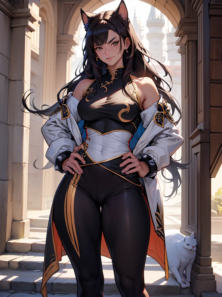 beautiful young female warrior fighter with cat ears on her head, com rosto bem detalhado e bonito, belos olhos, belos olhos, rosto lindo, beautiful young woman wearing long brown leggings with black details, sueter apertado branco, standing in a castle, usando bota preta, cabelo comprido com franja preto, ,orelhas de gato, belo sorriso, tomboy, um pouco musculosa,suter branco com cinta em volta, olhar serio,usando jaqueta de couro apertado preto, com ombreiras de prata nos ombros